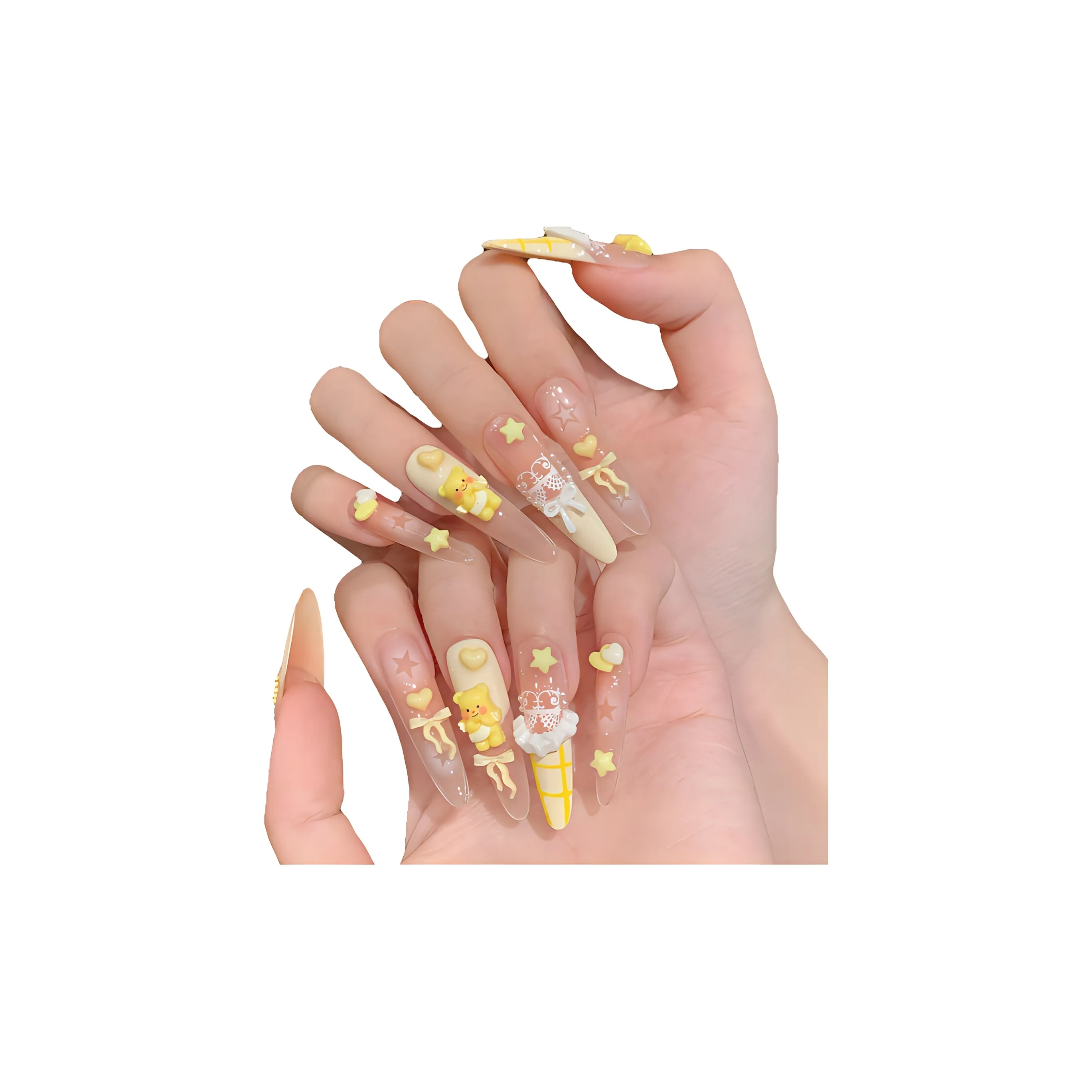 Suiyiie Handcrafted False Nail Beautiful Замок Edge Милый стиль Девичий Nail Art Длинный Желтый Румяна Stain Мультяшный