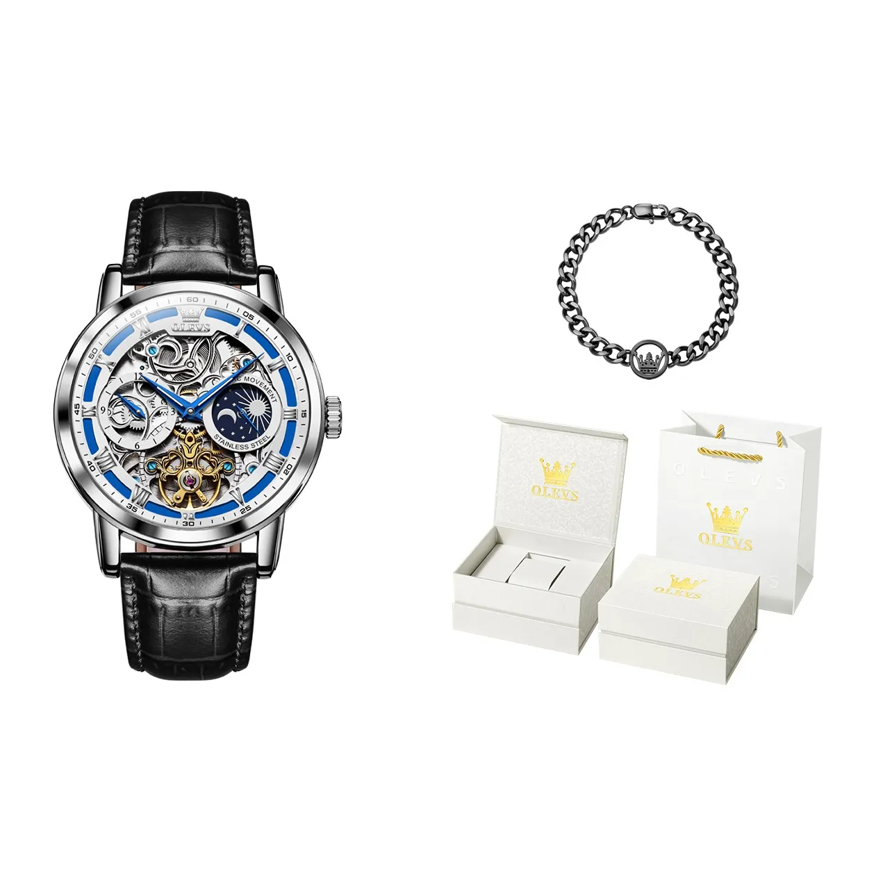 OLEVS Play The Cool Series Mechanical Movement Leather Strap Watch Men's Watches Black Dial