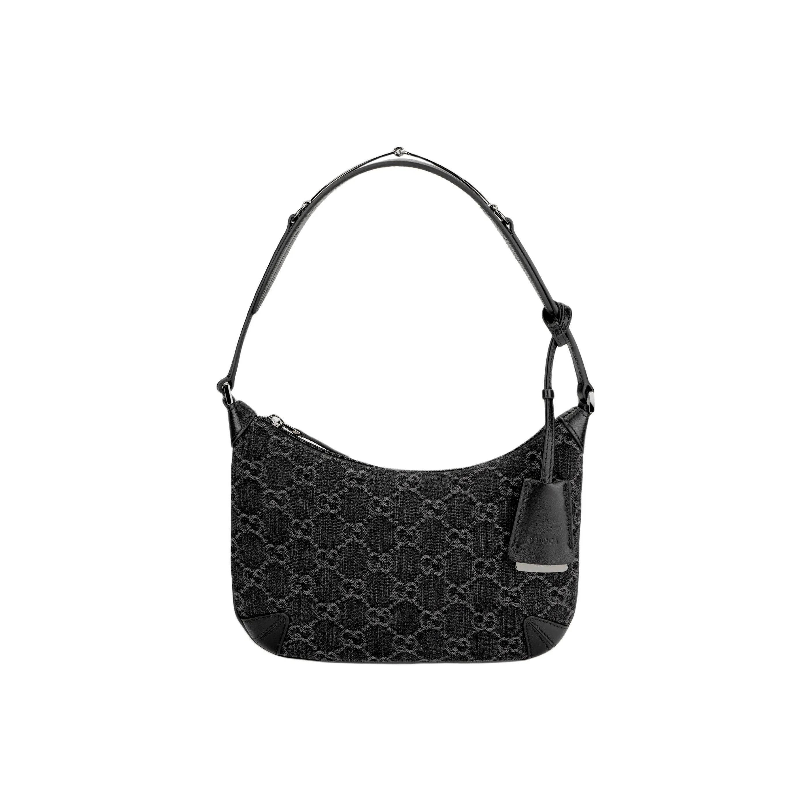 GUCCI Denim With Leather Binding Handbag Shoulder Bag Women's Black & Gray