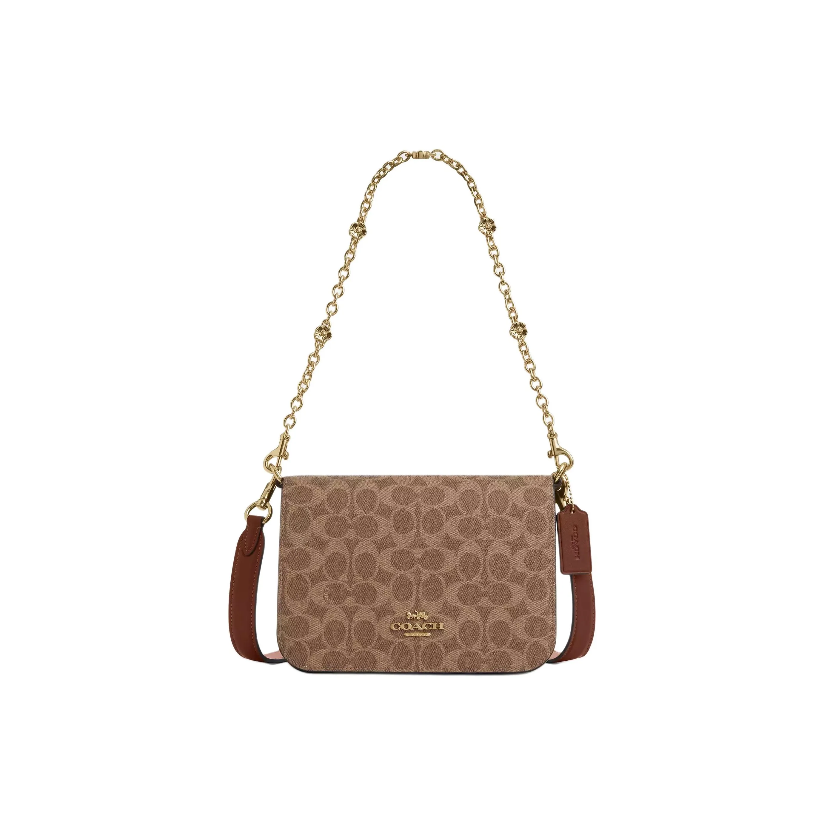 COACH Quinn Покрытие Холст Плечевая Сумка Маленькая Женская Коричневая