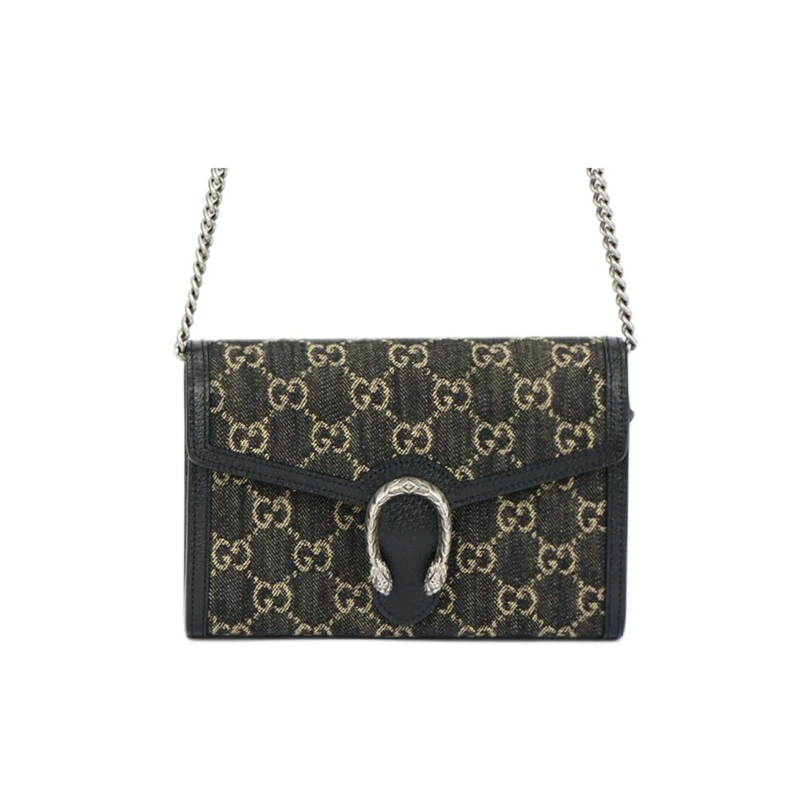 GUCCI Dionysus Denim Jacquard Fabric With Leather Chain Wallet, Crossbody Bag, Shoulder Bag Women's Black