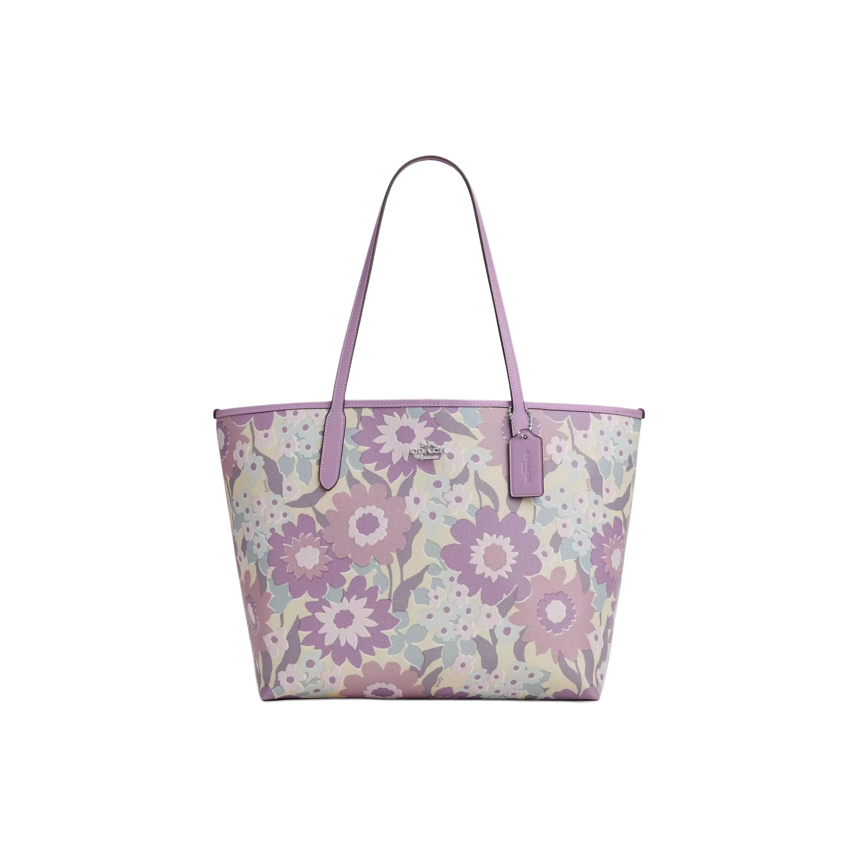 COACH Городская Сумка Tote из Покрытого Холста Сумка для покупок Сумка через плечо Большая Женская Фиолетовая и Многоцветная