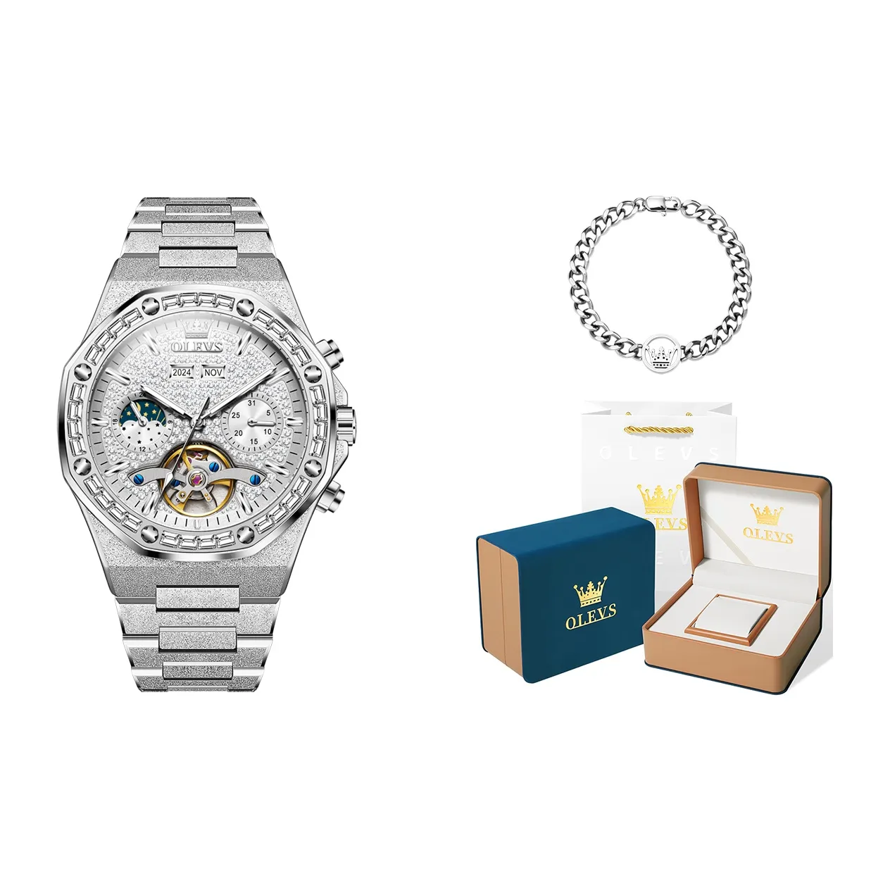 OLEVS Play The Cool Series Mechanical Movement Stainless Steel Watchband Watch Men's Watches Silver Dial