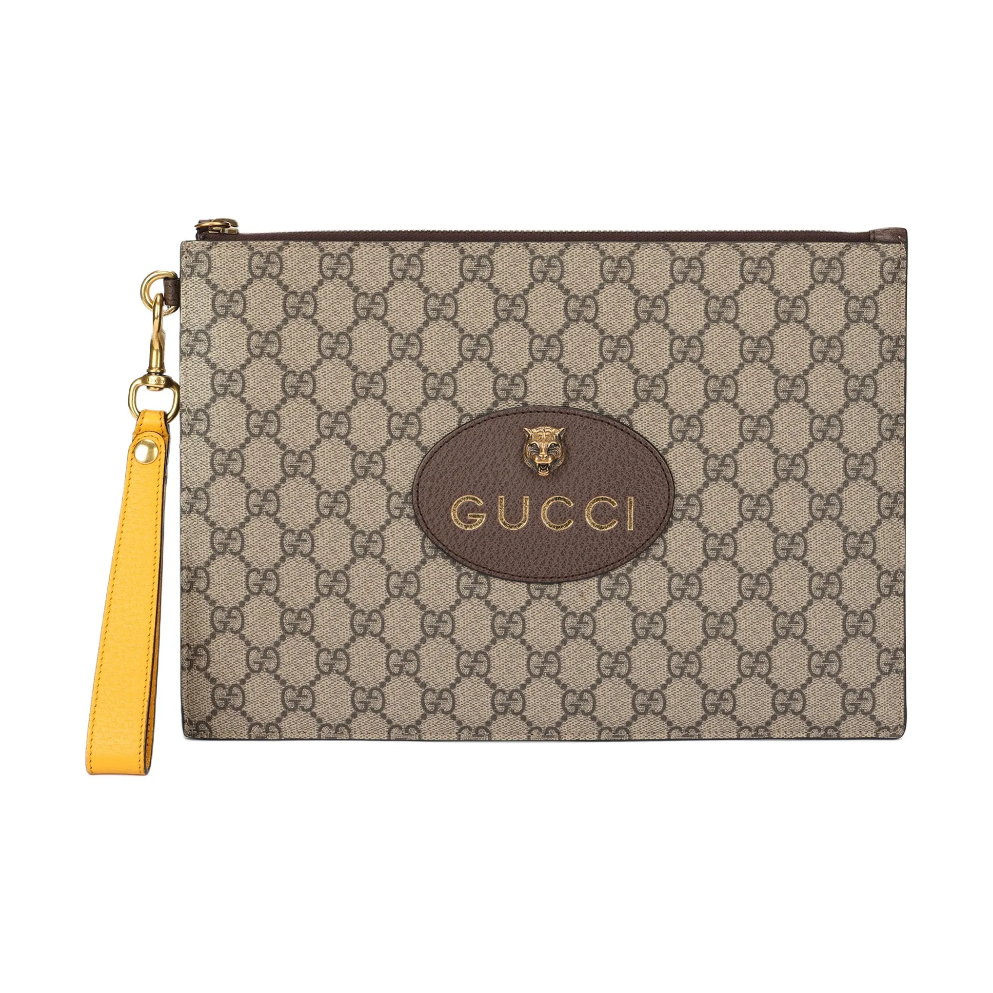 GUCCI Canvas With Leather Clutch Unisex Ebony/Brown/Yellow