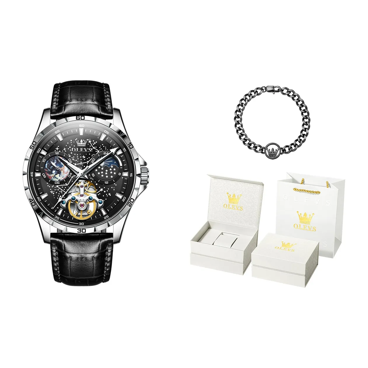 OLEVS Автоматический Механический Механизм Часы Мужские Черный Циферблат