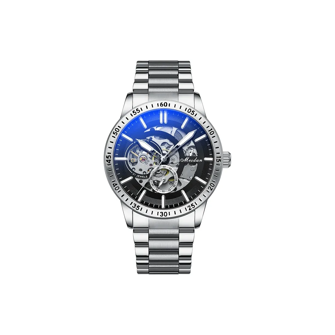 MESDUN Автоматический Механический Механизм Металлический Ремешок Часы Мужские Черный Циферблат