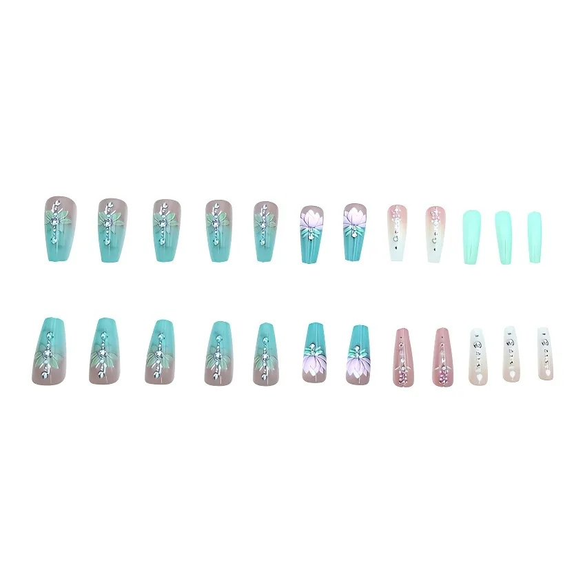 WW 376 Модный Классический Наклейки для Ногтей Art Освежающий Зеленый Градиент Лотос Длинные Накладные Ногти Трапециоидный Зеленый Градиент