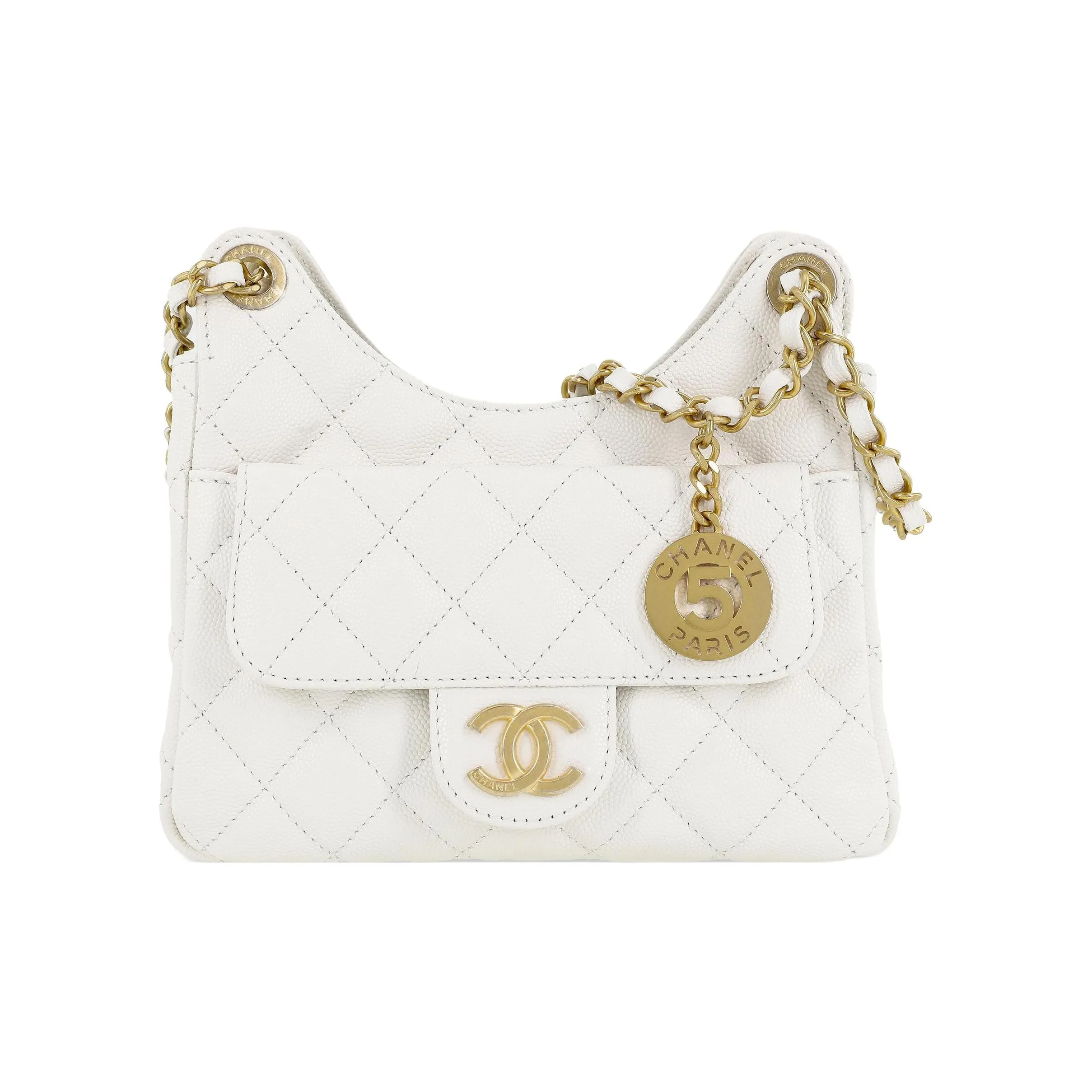 CHANEL Cow Leather Shoulder Bag, Hippie Hobo Bag, Hobo Bag, Crossbody Bag, Shoulder Bag Trumpets Women's White