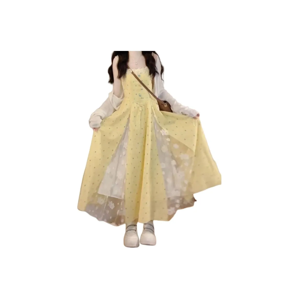 LAKESI Желтое кружевное платье-камаз, тонкий трикотажный кардиган, женские комплекты с юбкой