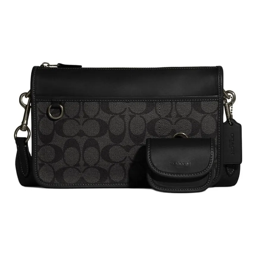 COACH Heritage Canvas With Leather Crossbody Bag Medium Size Men's Black & Gray