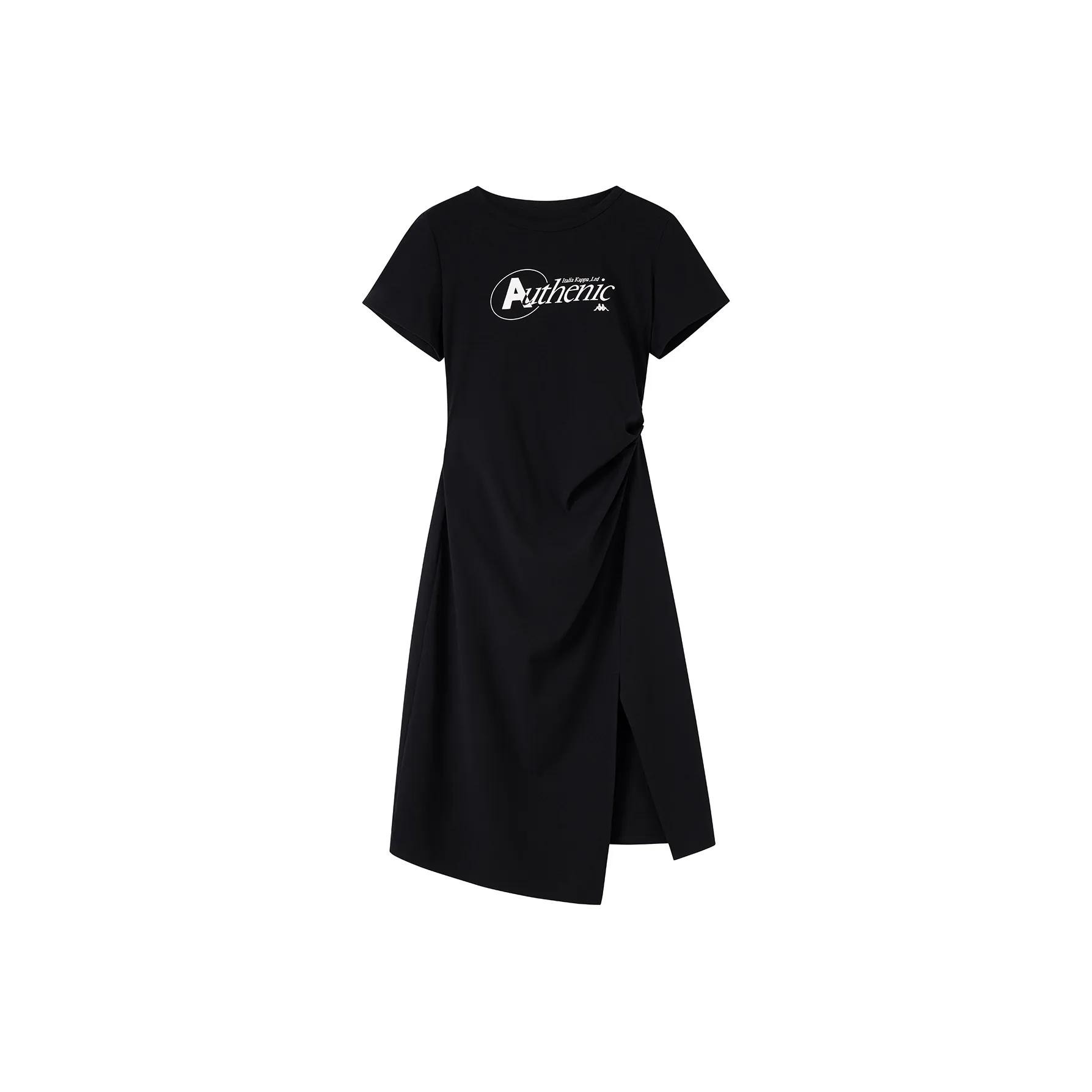 KAPPA Fashion casual Круглый вырез Складки Разделенный Дизайн С утяжкой на талии Облегающий крой Короткий рукав Платье Женские Стройнящий черный