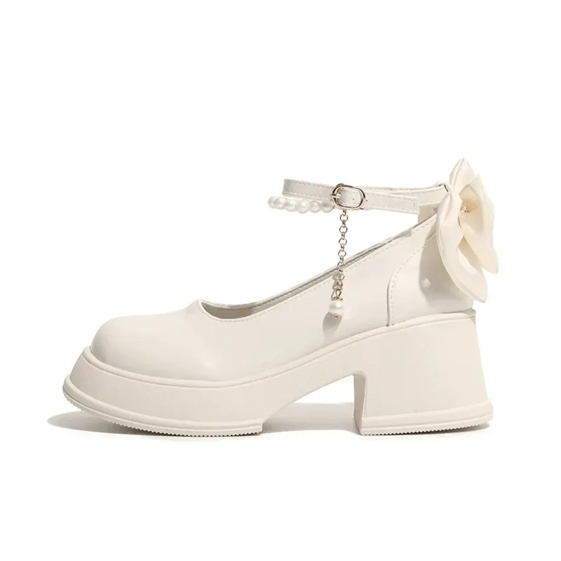 7 SEVFUN Сладкий стиль Фея Стиль Перламутровый бант Элегантность Мягкий Крупный каблук Туфли Мэри Джейн Женские