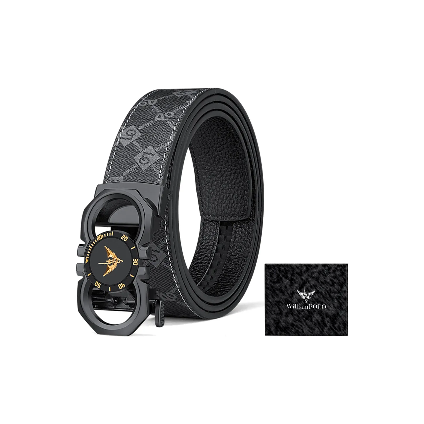 WilliamPOLO PVC Leather Belts Men's Gunmetal Buckle Gold Logo Width  3.5cm
