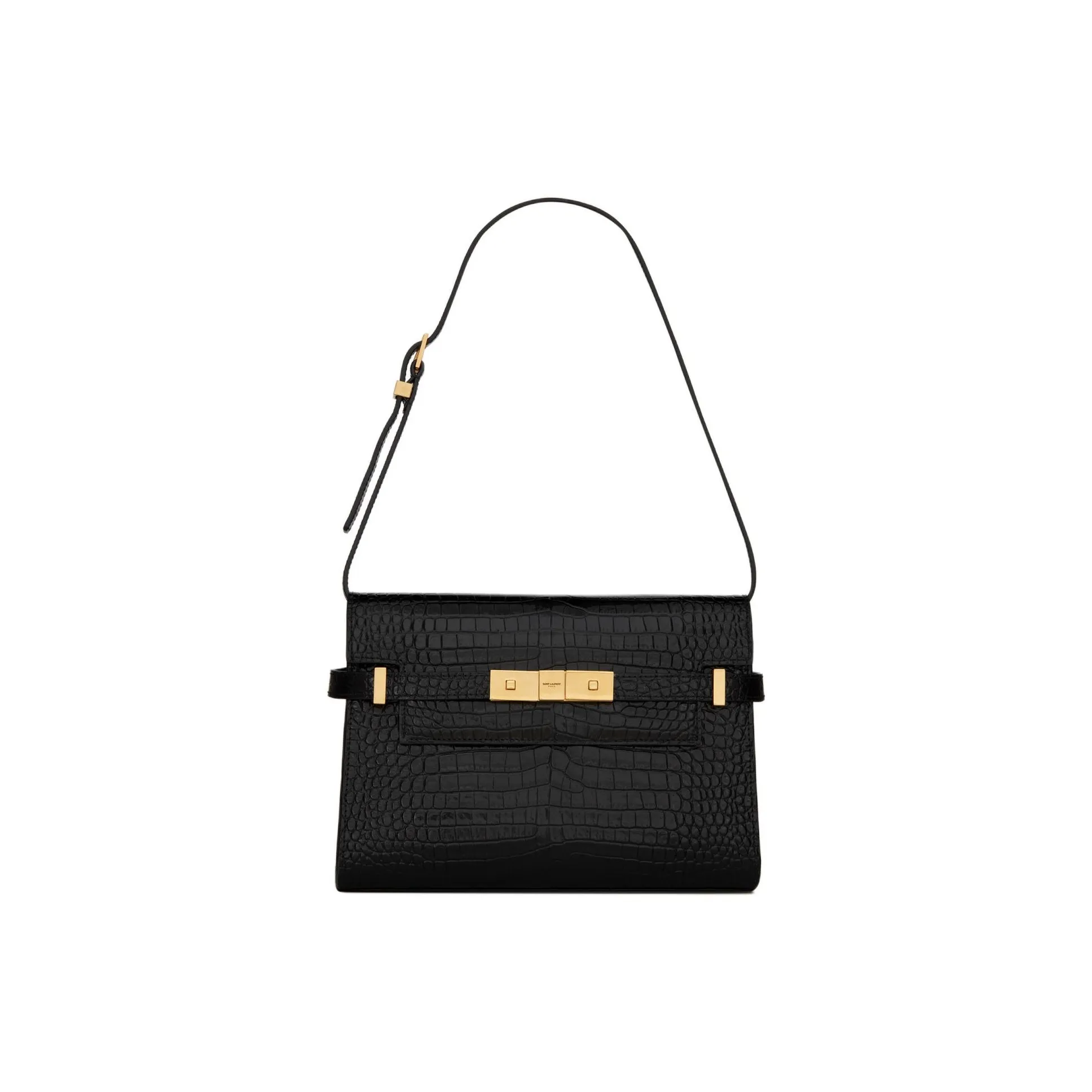 SAINT LAURENT MANHATTAN Crocodile Pattern Embossed Glossy Cow Leather Crossbody Bag Shoulder Bag Women's Black