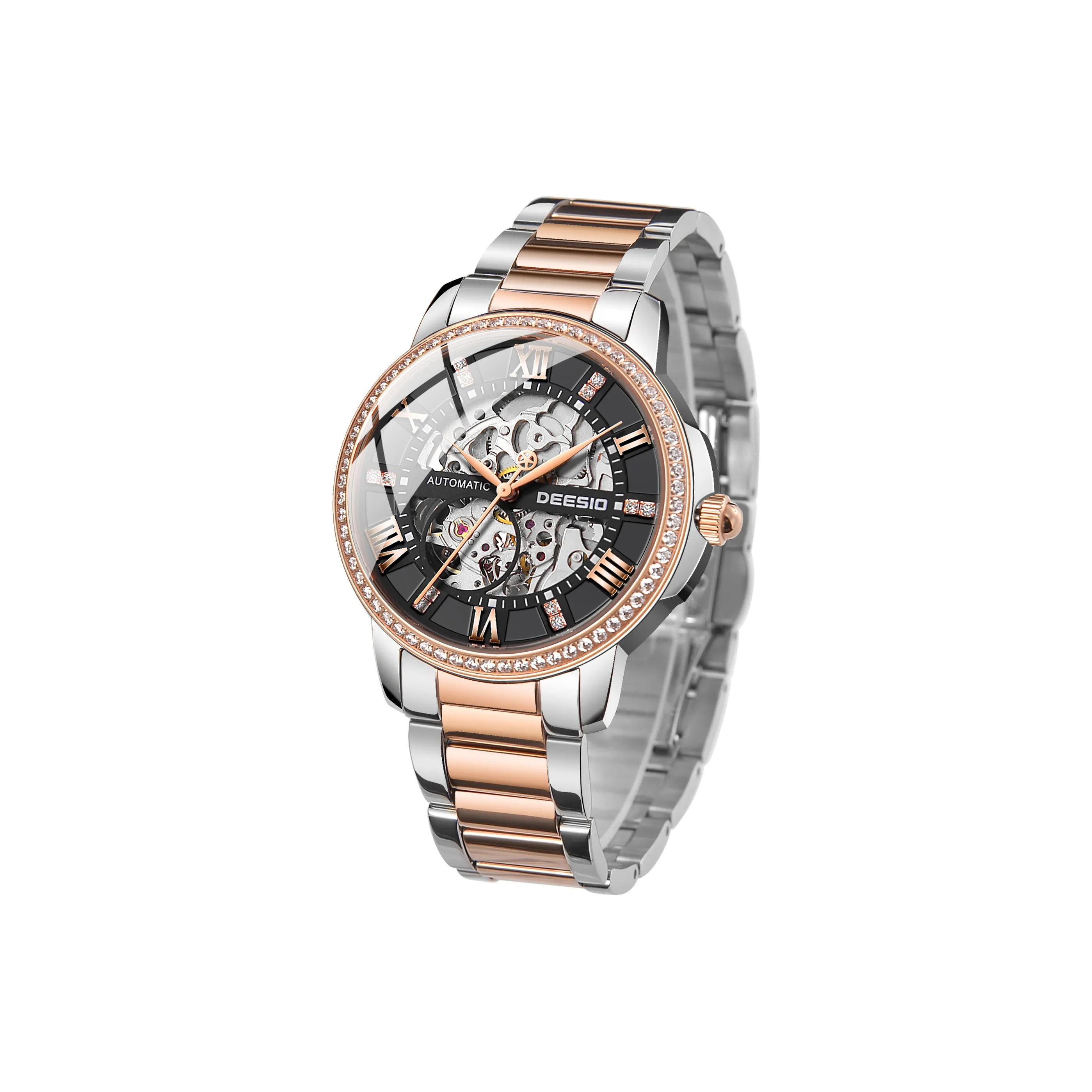 DEESIO Автоматический Механический Механизм Нержавеющая Сталь Ремешок Часы Мужские Черный Циферблат