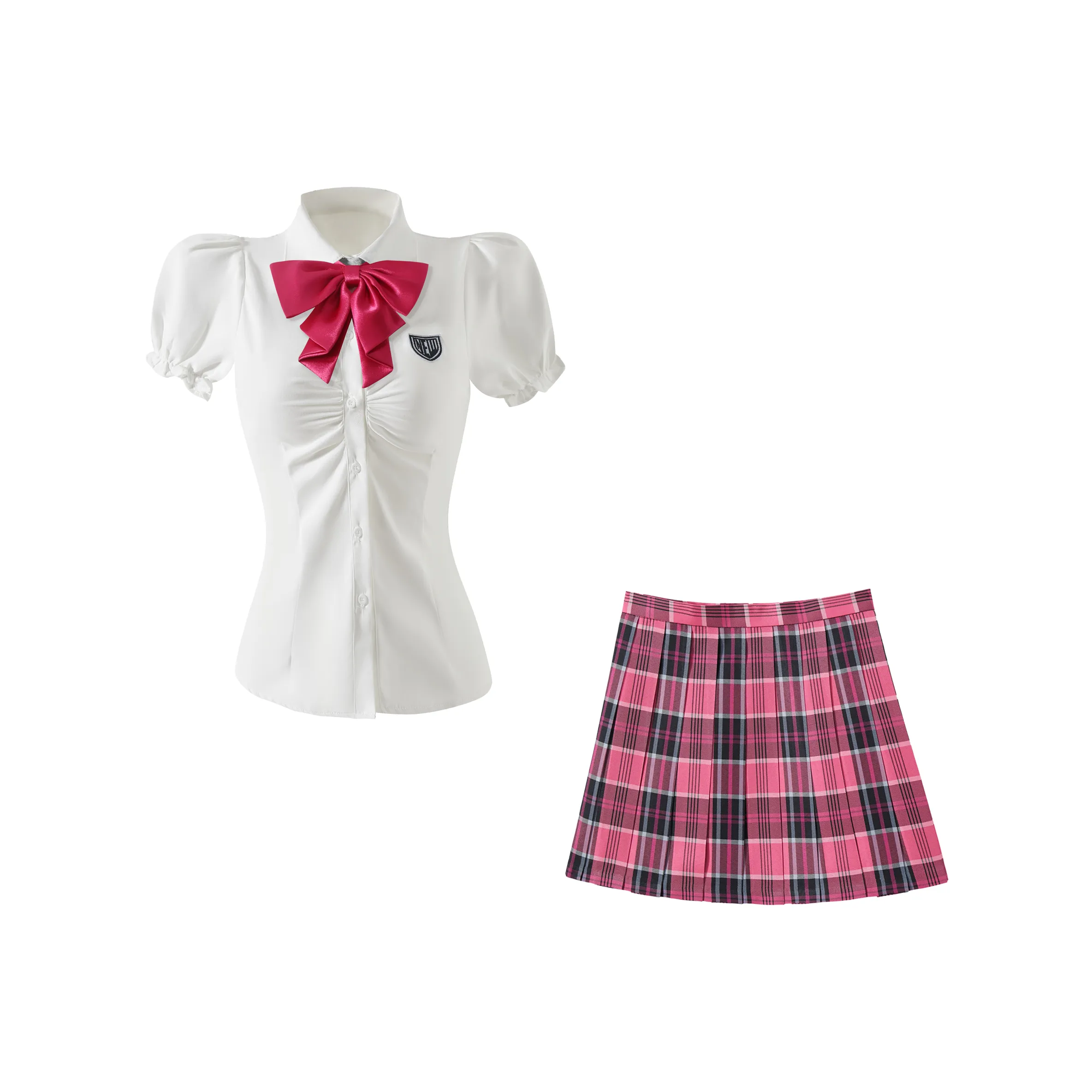 KAZAN Фуксия Рукав буф THREE Комплект из трех предметов Белая рубашка + Фуксия Бант + Фуксия Плиссированная юбка Женская униформа