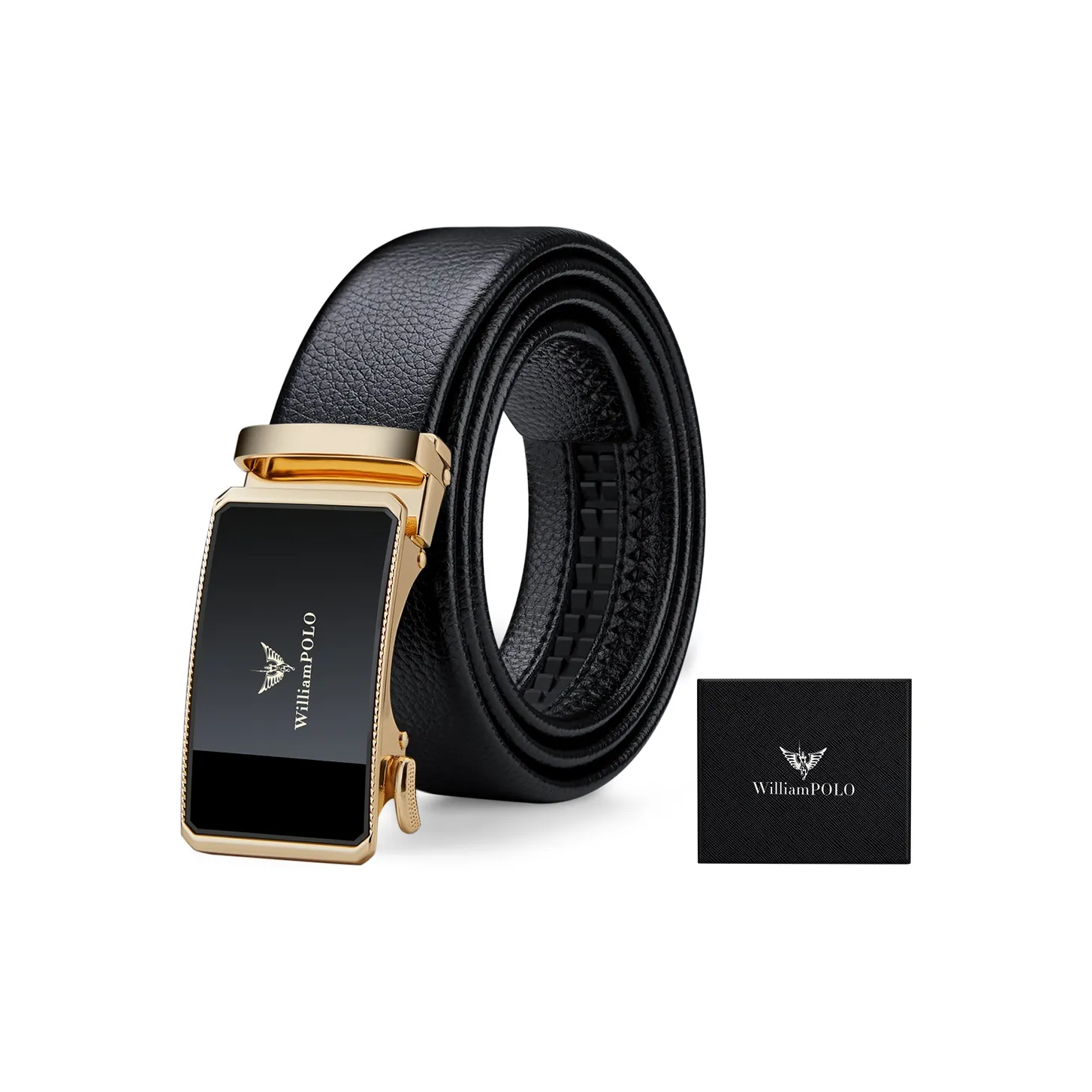 WilliamPOLO Top Grain Cow Leather Belt Men's Gold Buckle Gold Logo Width 3.5CM
