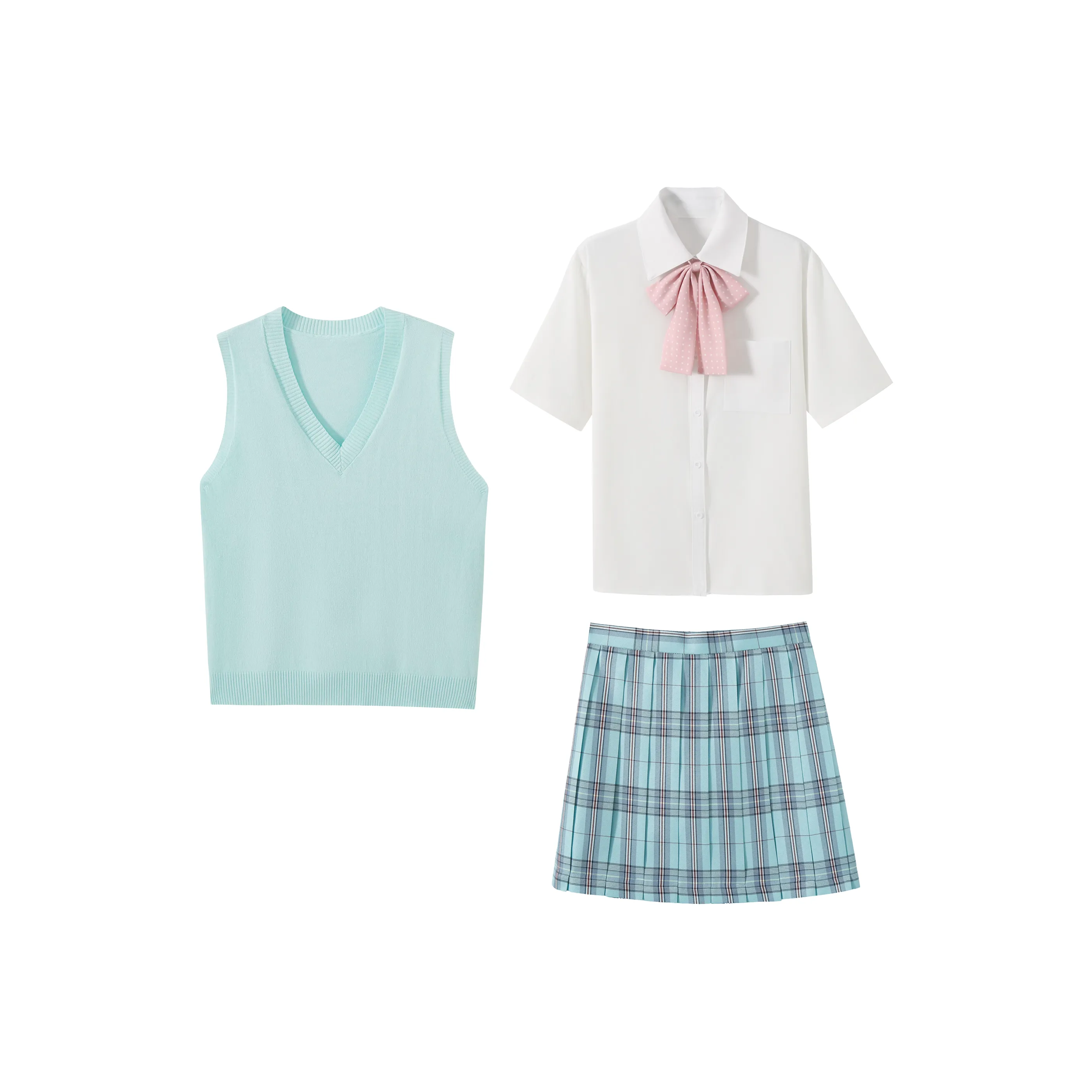 KAZAN Озерно-голубой Четырехпредметный Набор Белая Рубашка + Озерно-голубой Жилет + Озерно-голубая Плиссированная Юбка + Розовый Гороховый Узор Арочные Галстуки Женская Униформа