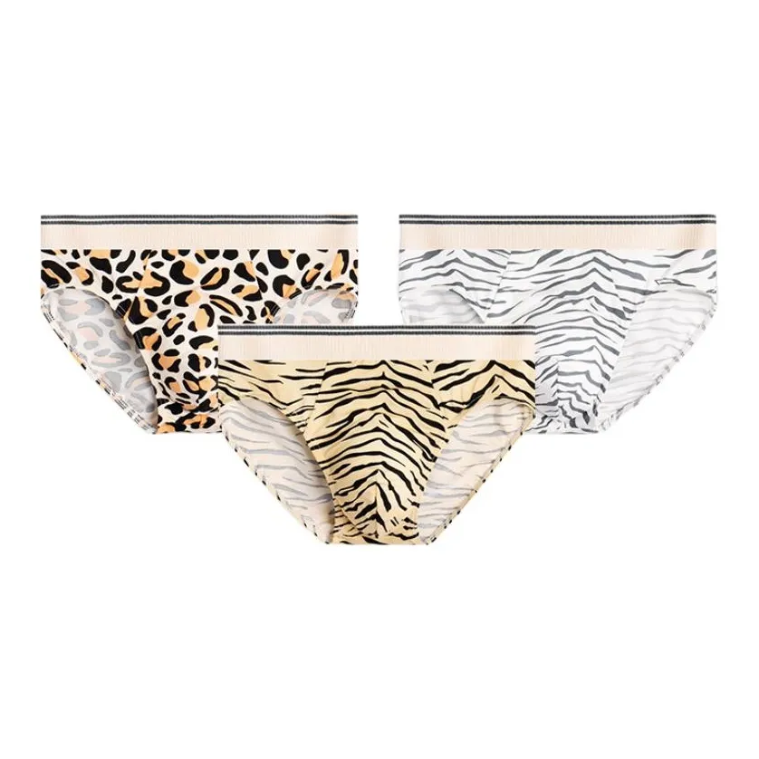 Sicily Белое основание Леопардовый принт + Белое основание Полосы + Имбирно-желтый Полосы Мужские Трусики-бикини