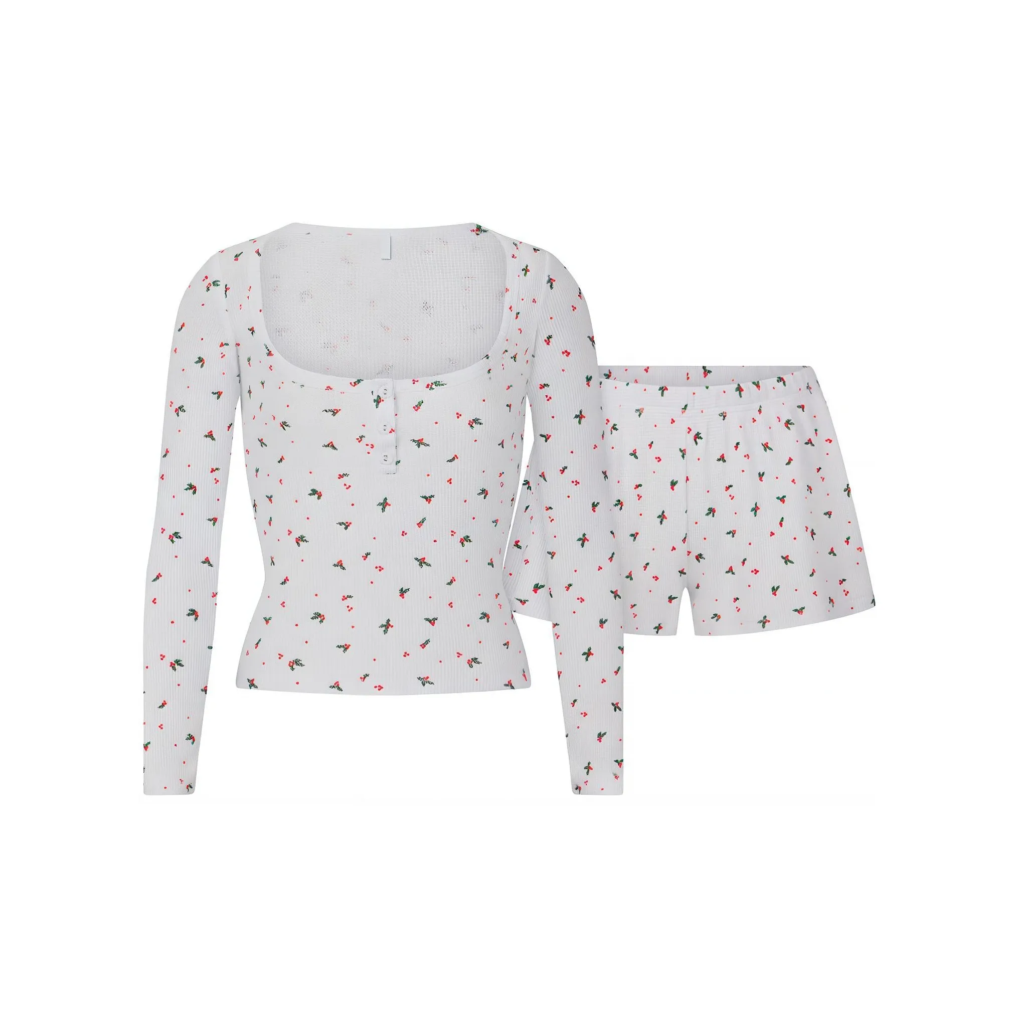 SKIMS FW24 Waffle Длинный рукав Henley и Короткий комплект Пижамы Женские Облако Holly с принтом Облако Holly с принтом