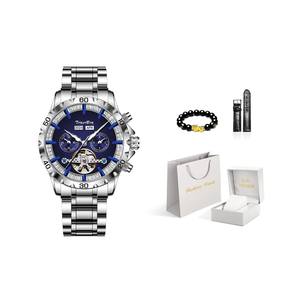 TINAIBIN Автоматический механический механизм ремешок из нержавеющей стали мужские часы синий циферблат