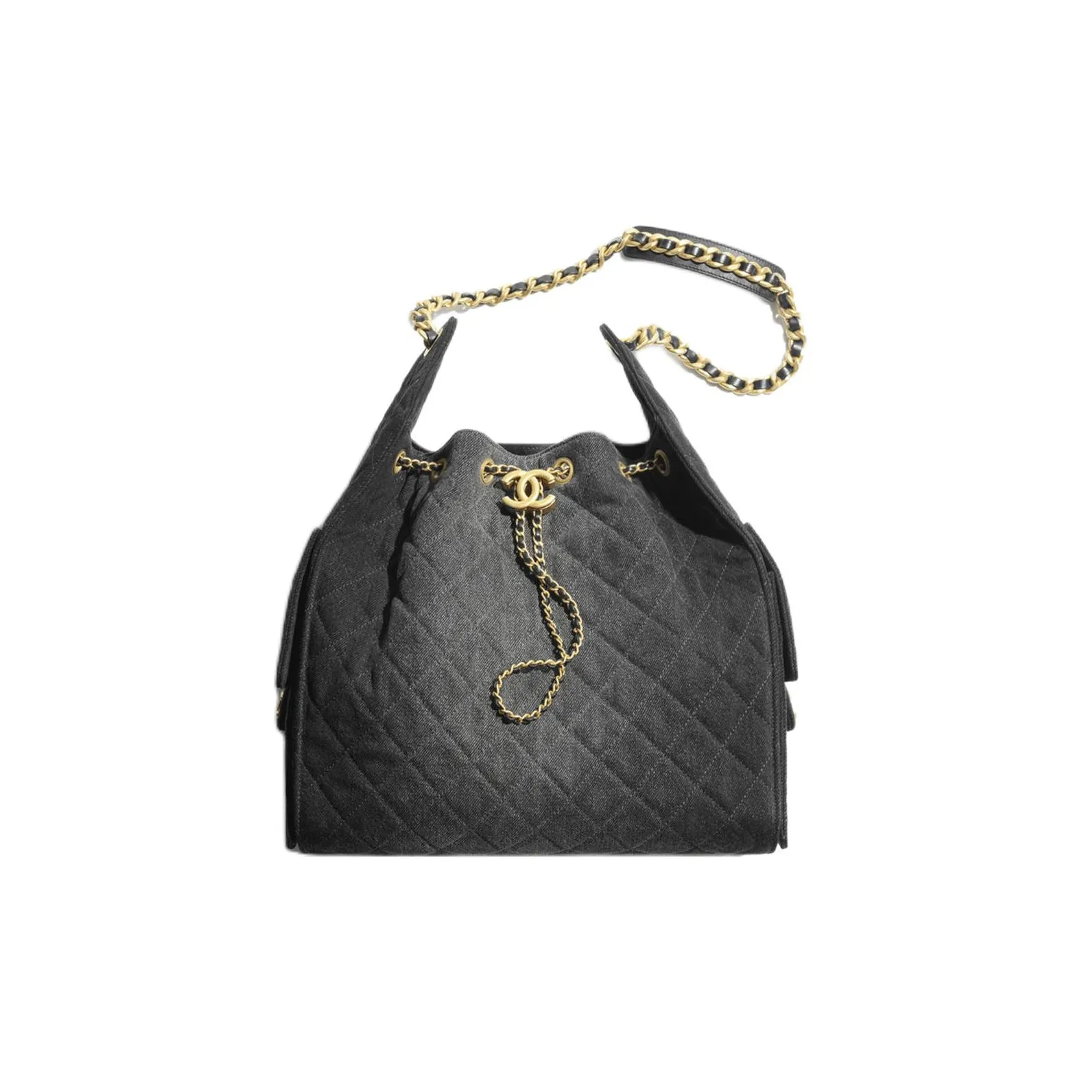 CHANEL 25Bag Denim Material Gold Metal Shoulder Bag Medium Size Women's Black