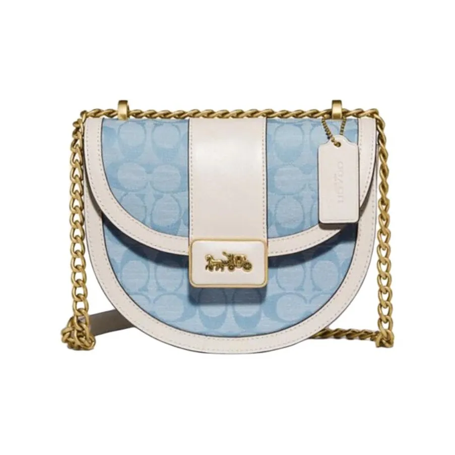 COACH Alie Коровья кожа с тканью Saddle Сумка Сумка через плечо Маленькая Женская Белая и Джинсовая Синяя