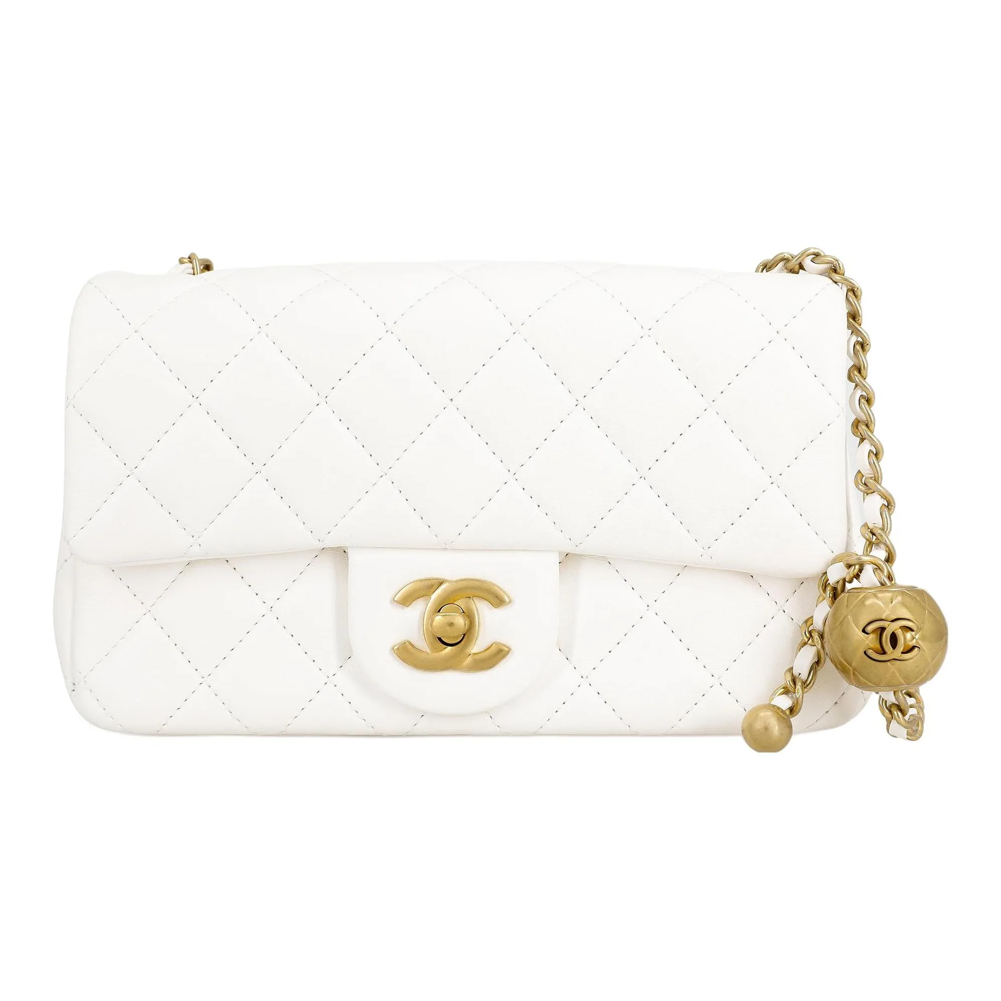 CHANEL Small Gold Ball Classic Flap CF Sheepskin Flap Bag, Shoulder Bag, Crossbody Bag Mini Women's White
