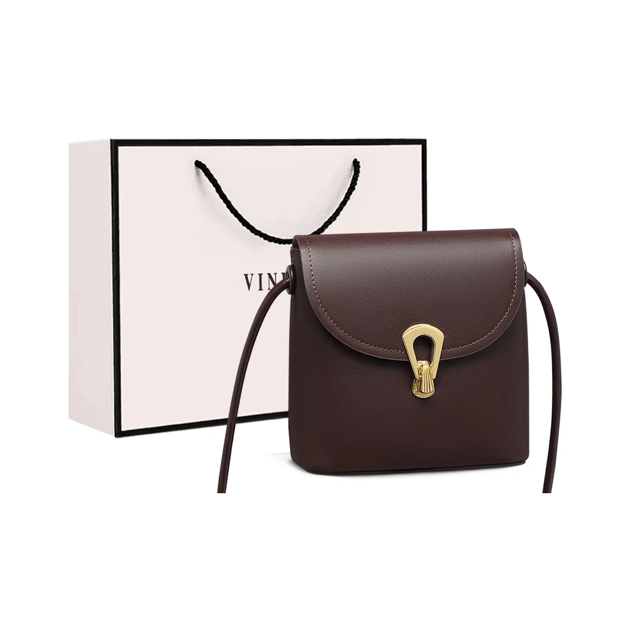 VINEY Сумка через плечо из коровьей кожи маленькая женская винно-кофейного цвета