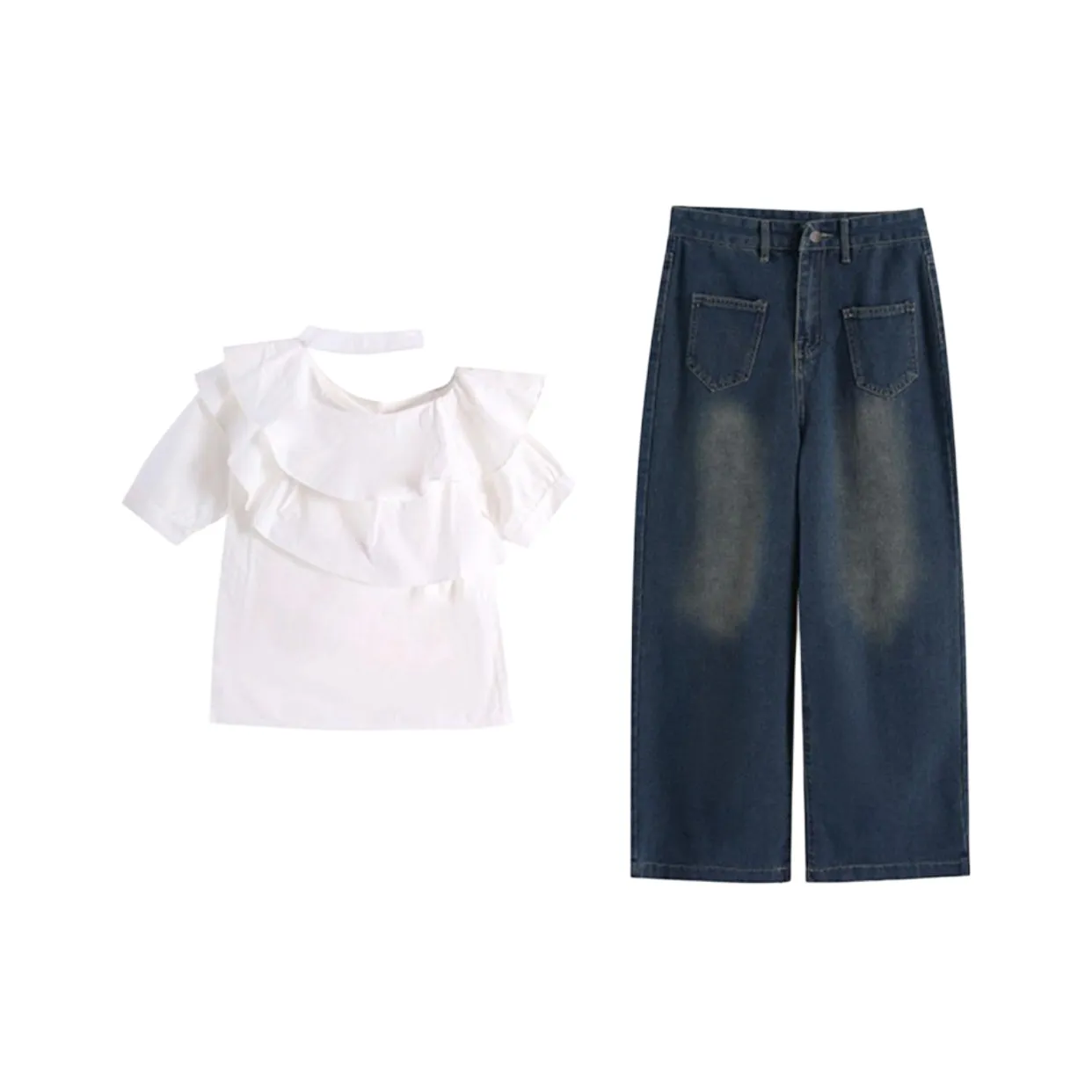 POPO.INFO Топ + HIGH RISE Деним Широкие Брюки Женские