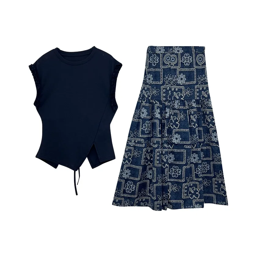 Icicofficial Синий T Рубашка + Юбка Женские Комплекты с юбкой