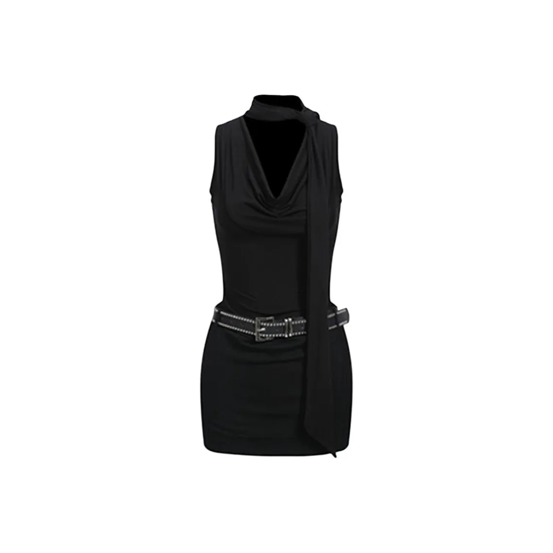 SKYA Черное платье с ремнем, женское, без рукавов