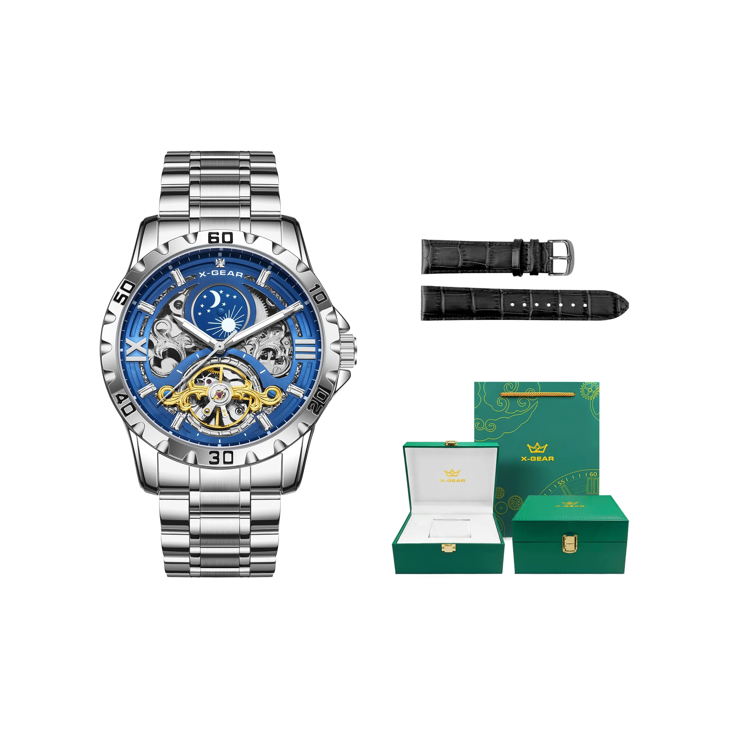 X Шестерня Механический механизм Мужские часы 43 мм Синий