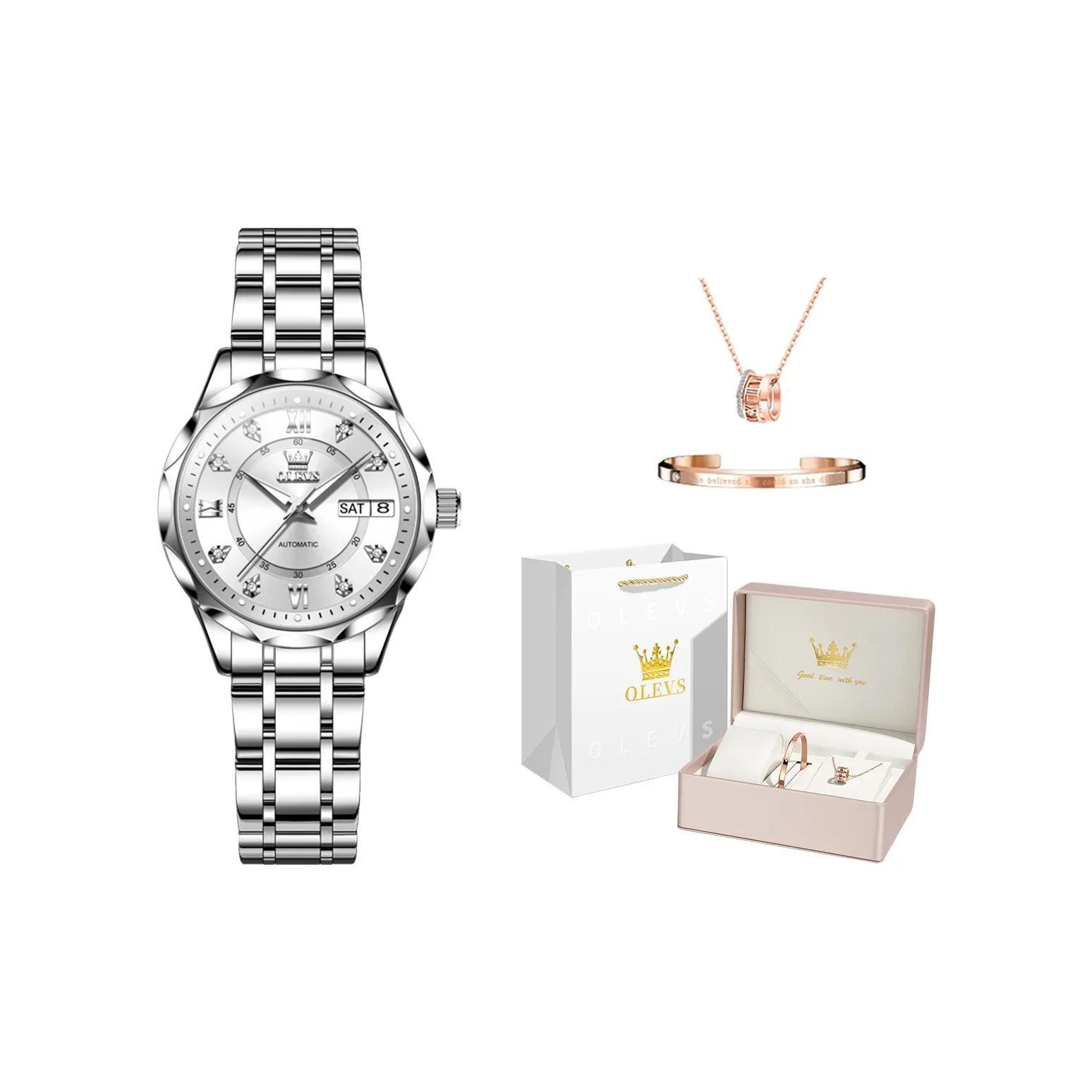 OLEVS Механические часы с ремешком из нержавеющей стали женские черный циферблат