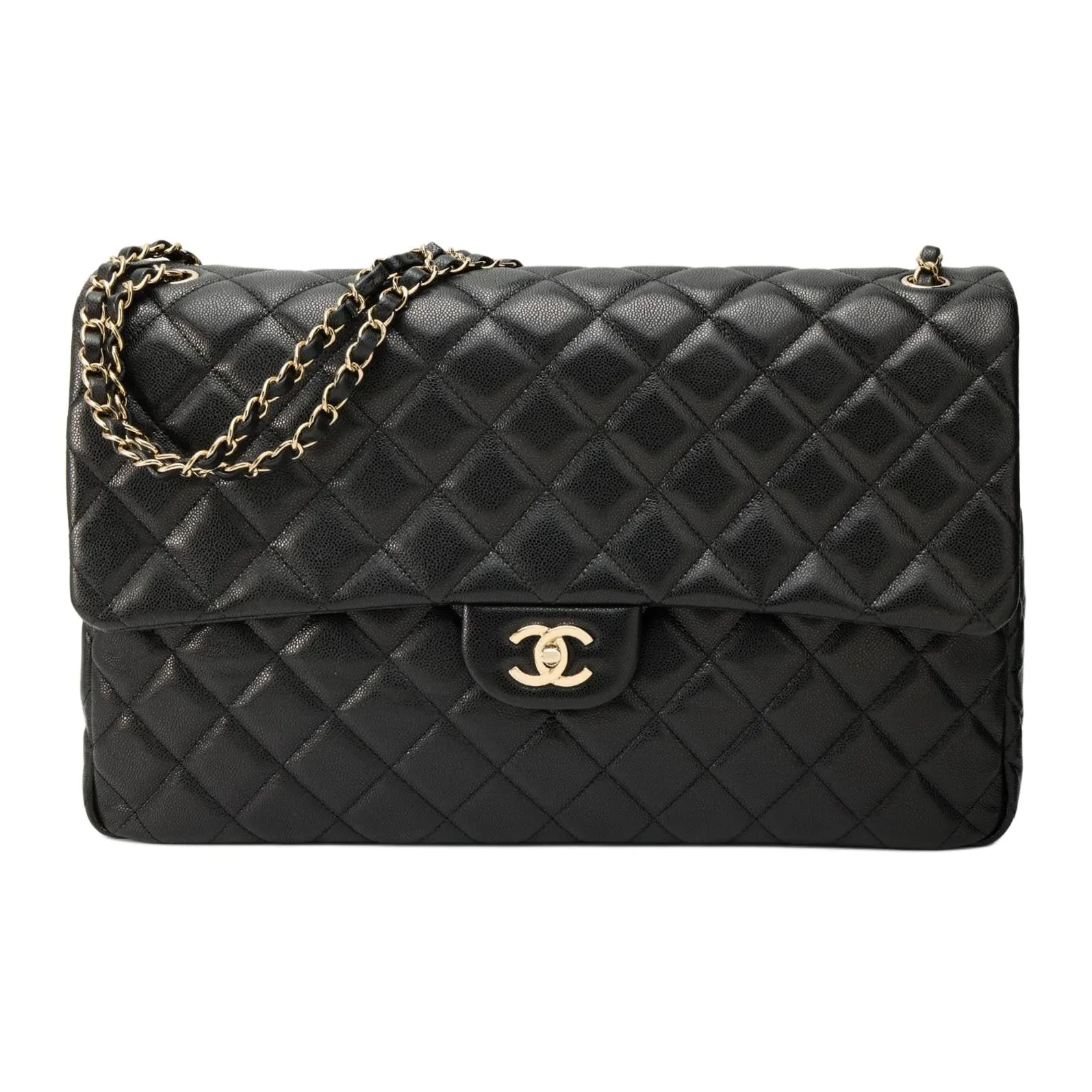 CHANEL Grain Embossed Litchi Grain Calfskin Airport Bag, Handbag, Shoulder Bag, Crossbody Bag Extra Large Women's Black