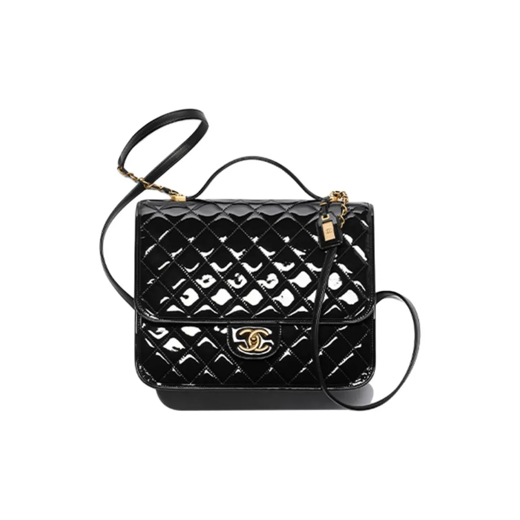 CHANEL 22K Autumn And Winter Patent Leather Backpack Tubas Women's Black