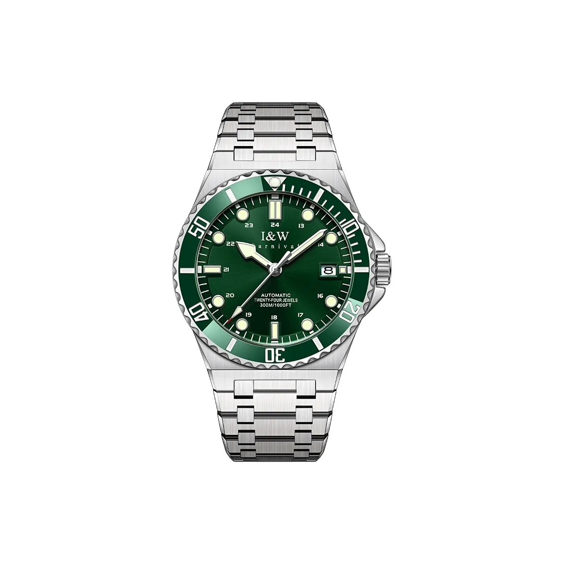 I W CARNIVAL HWGUOJI Механический механизм ремешок из нержавеющей стали часы для мужчин зеленый циферблат