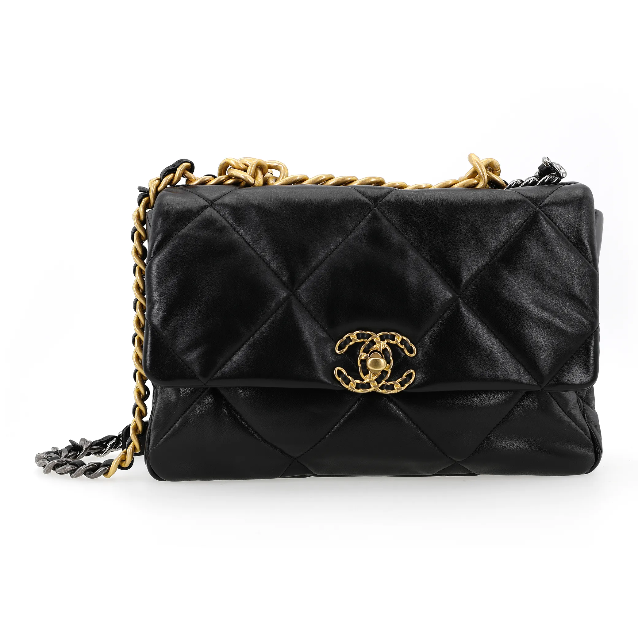 CHANEL 19 Large Handbag Shiny Lambskin Gold-tone Silver-tone