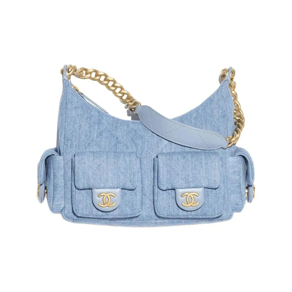 CHANEL Denim Material Gold Chain Hobo Bag, Handbag, Shoulder Bag Tubas Women's Light Blue