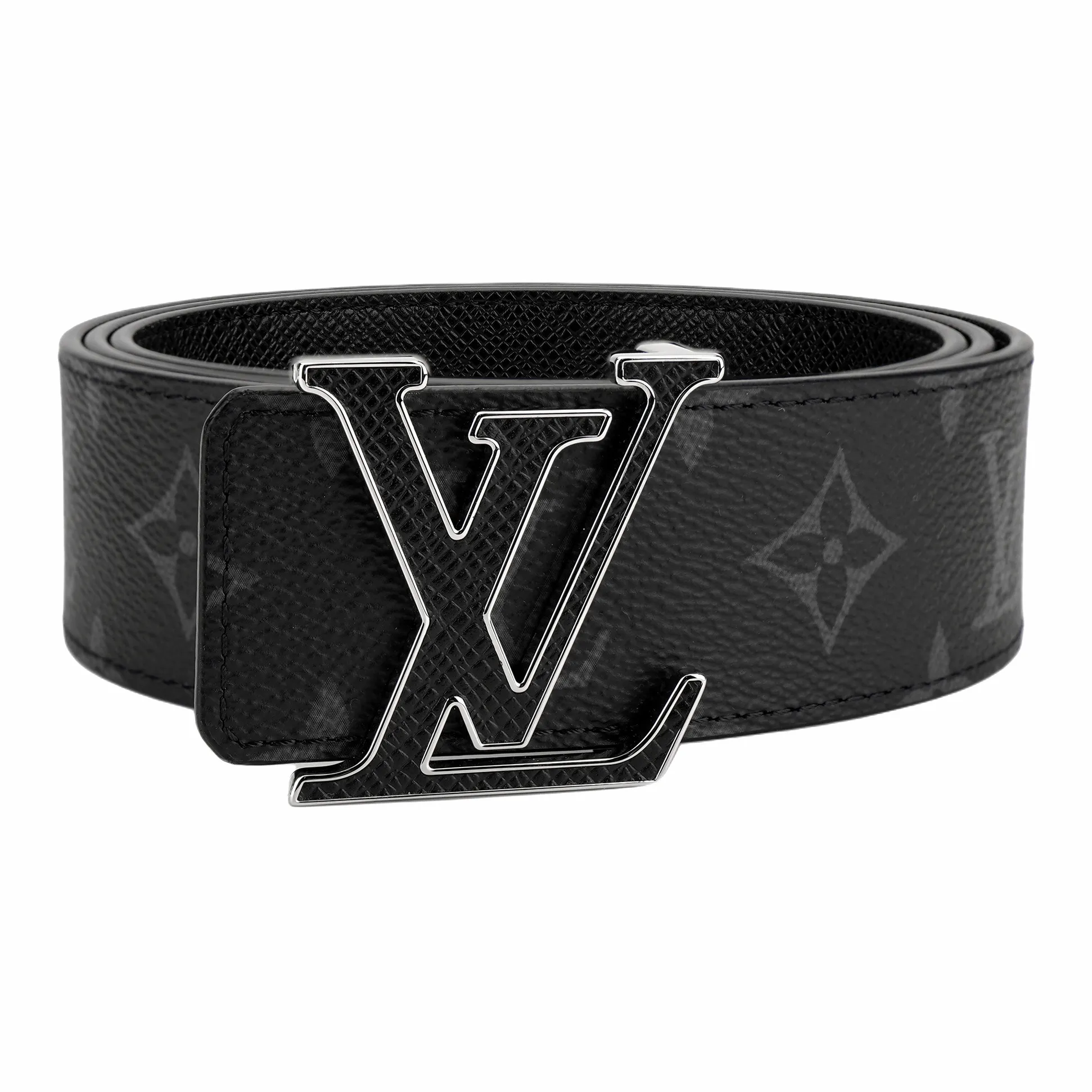 LOUIS VUITTON Cow Leather Canvas Leather Belts Men's Black Width 4cm