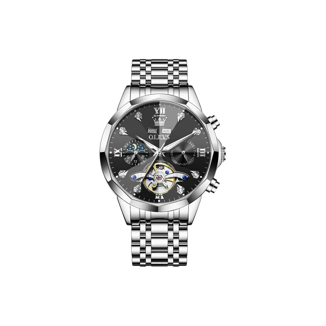 OLEVS Play The Cool Series Mechanical Movement Stainless Steel Watchband Watch Men's Watches Black Dial
