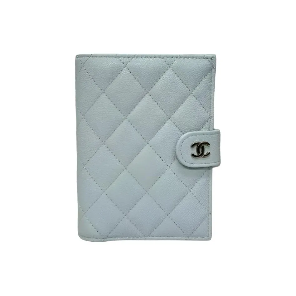 CHANEL Litchi Cow Leather Passport Holder Women's Blue