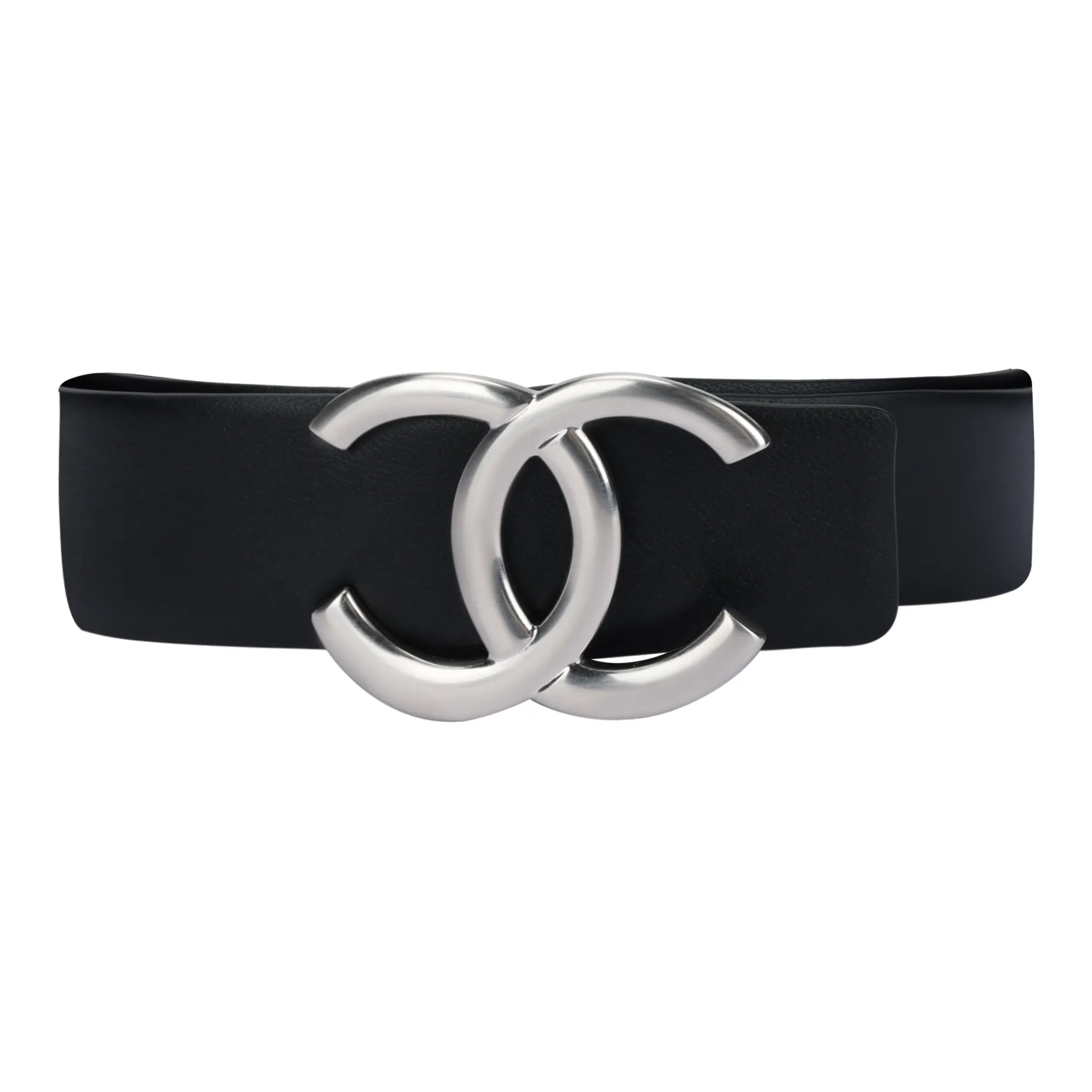 CHANEL Cow Leather Belts Women's Black Width 3CM