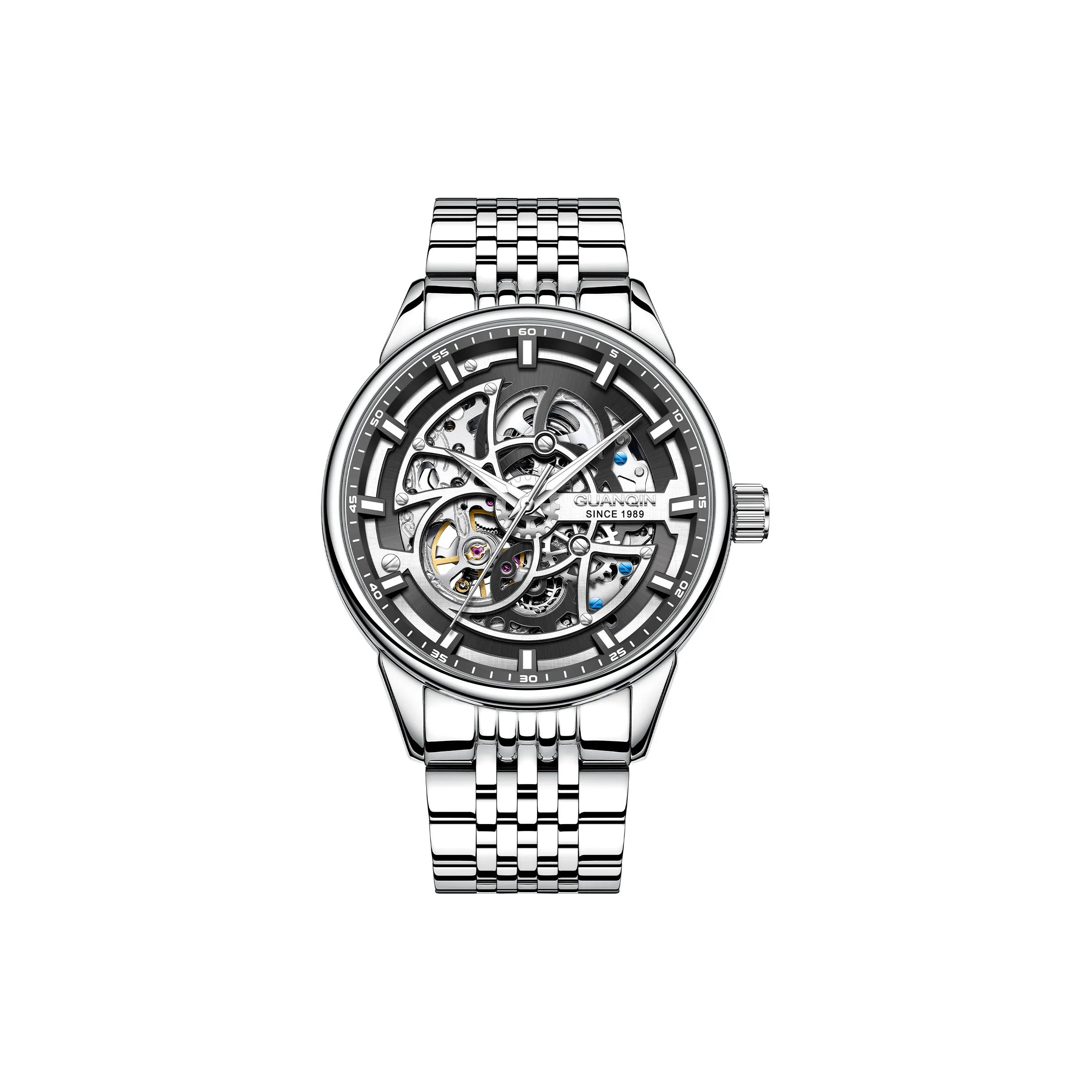 GUANQIN Автоматический Механический Механизм Стальной Ремешок Часы Мужские Часы С Черепным Циферблатом