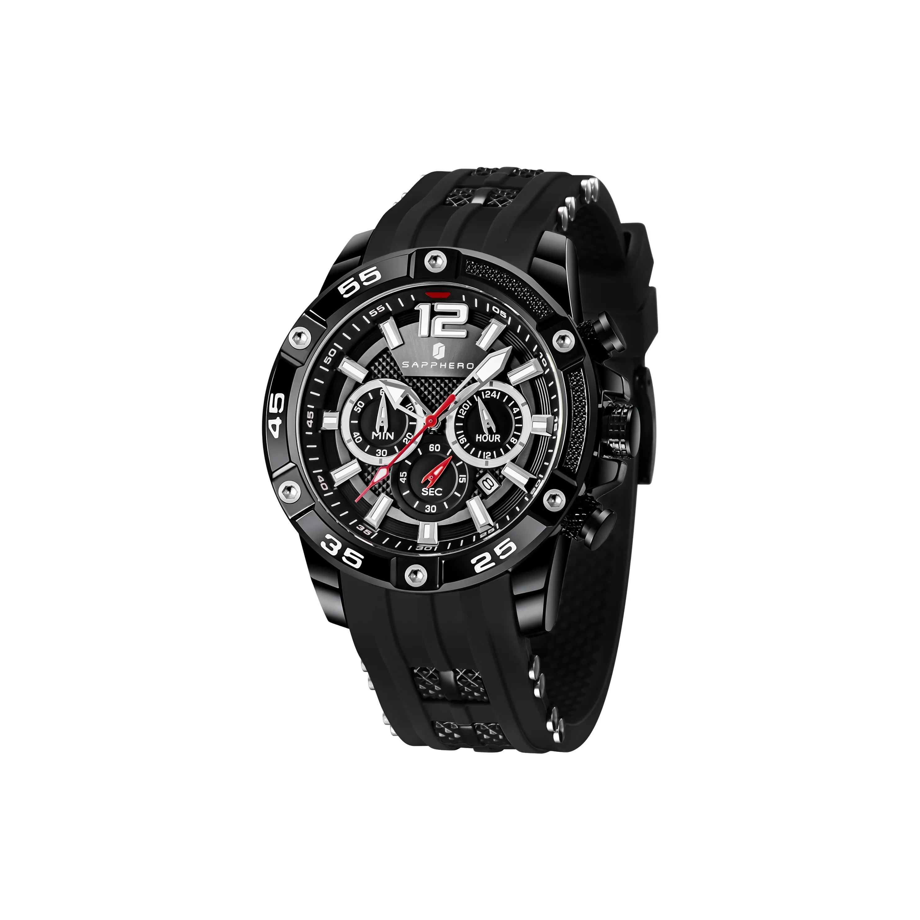 SAPPHERO Collection Simulation Timers Кварцевый механизм Силиконовый ремешок Часы Мужские Черный циферблат