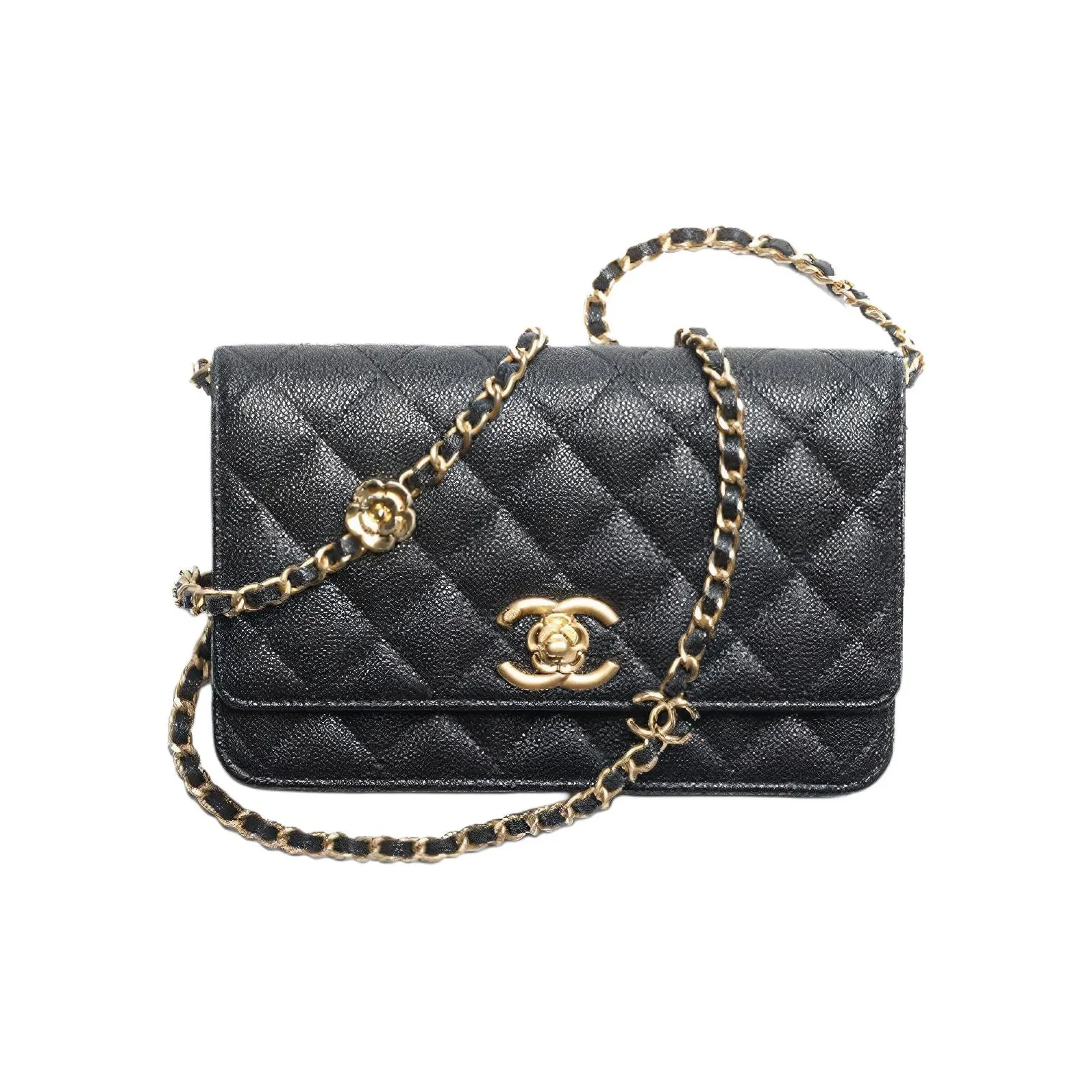 CHANEL Shiny Grain Embossed Calfskin Chain Wallet, Shoulder Bag, Crossbody Bag Women's Black