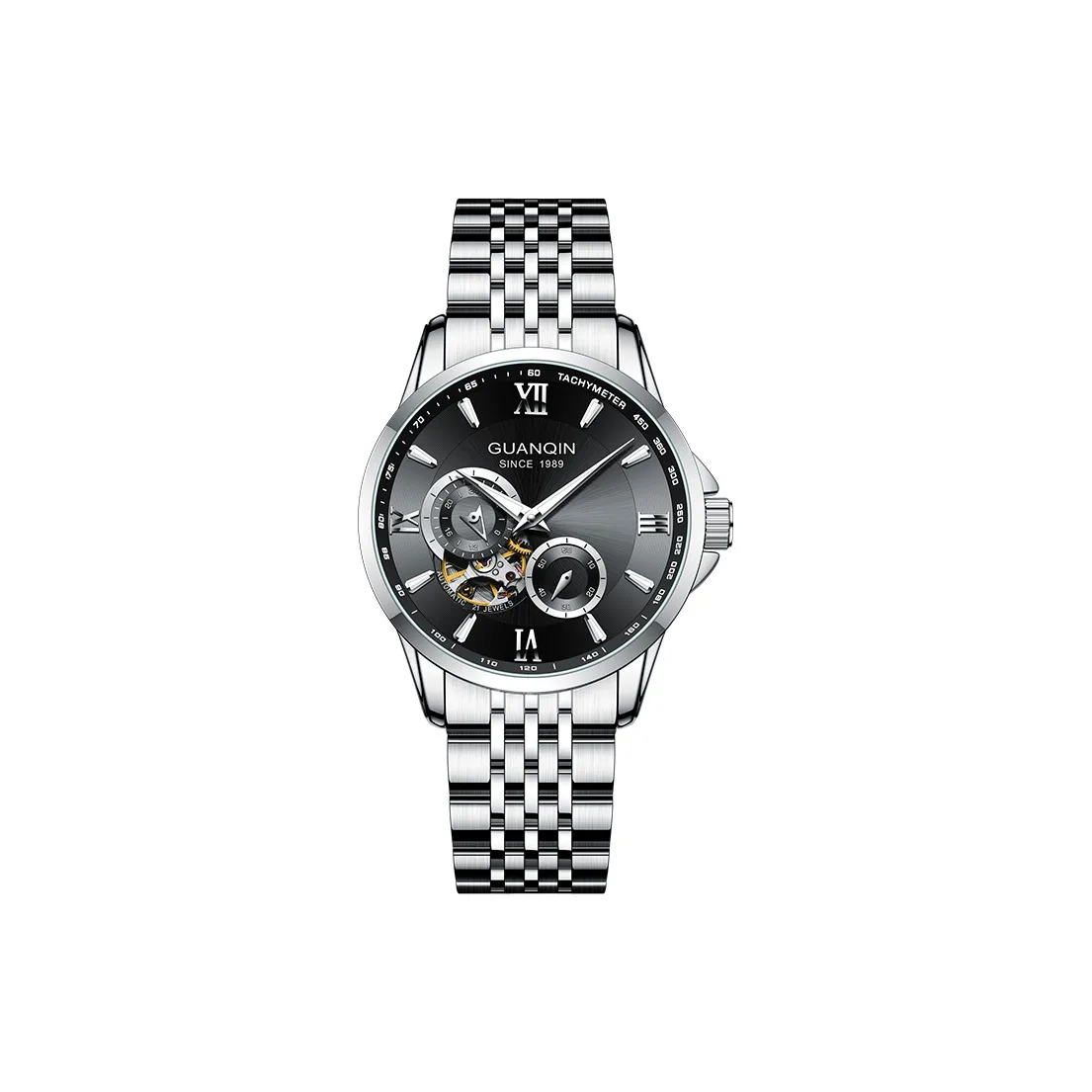 GUANQIN Automatic Mechanical Movement Stainless Steel Watchband Watch Men's Watches White Dial