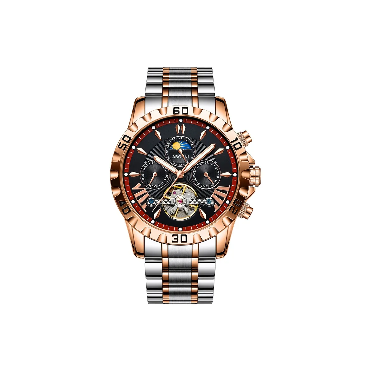 ABORNI Automatic Mechanical Movement Stainless Steel Watchband Watch Men's Watches Black Dial