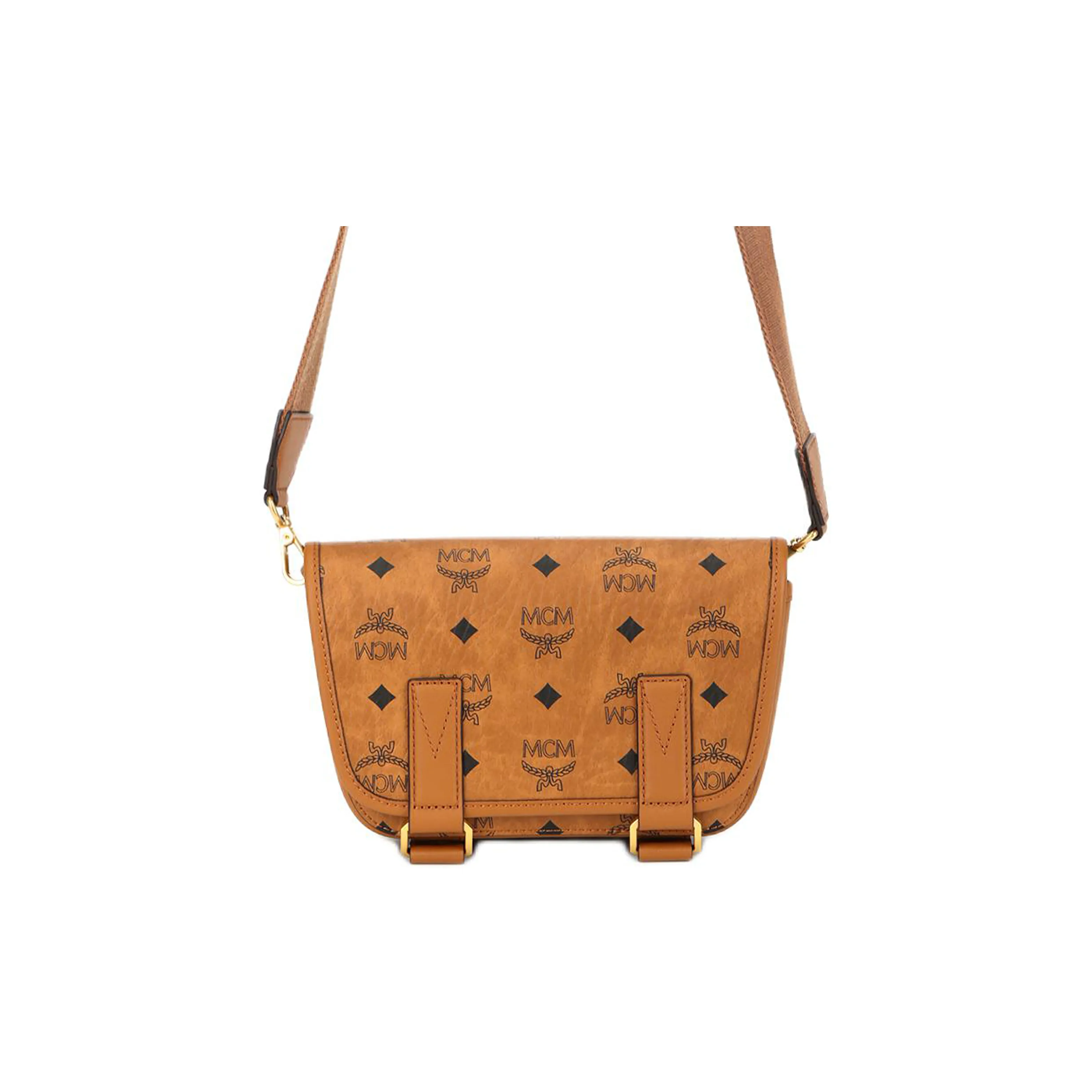MCM Aren Visetos Coated Canvas With Leather Messenger Bag, Crossbody Bag, Shoulder Bag Mini Women's Cognac Brandy