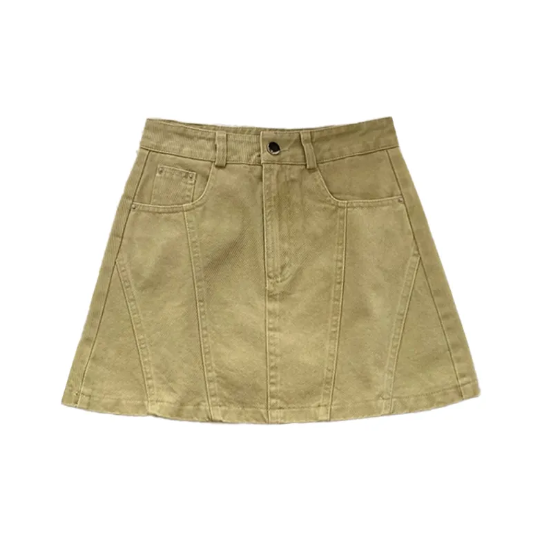 Белый медведь Промытый Удобный Весенне-летний Похудение FIVE POINT Юбка с подкладкой Расклешенный Деним Короткая юбка Женские